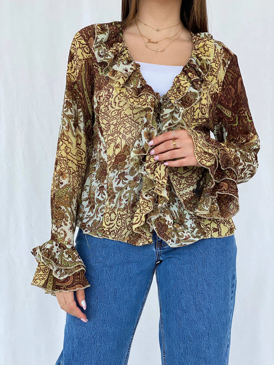 Y2K H Good Feeling Floral Sheer Ruffled Cardigan Size XL - Balagan Vintage Cardigan cardigan, floral, floral mesh, full sleeve shirt, Juana, women skirt