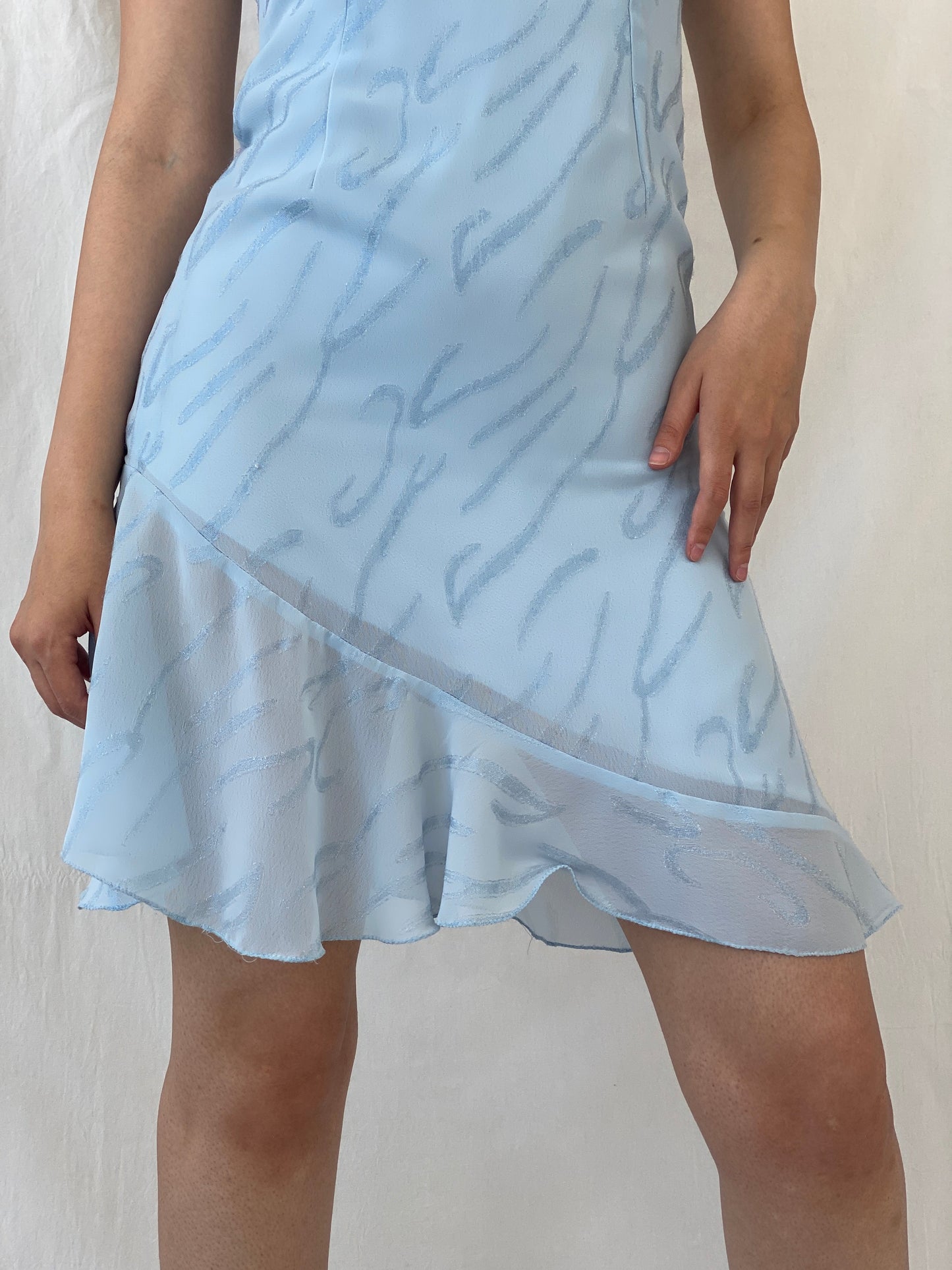 Y2K Handmade Sky Blue Glittery Ruffle Hem Mini Dress - M - Balagan Vintage Mini Dress 90s, Ayah, dress, Mini Dress, vintage dress, Wedding Guest