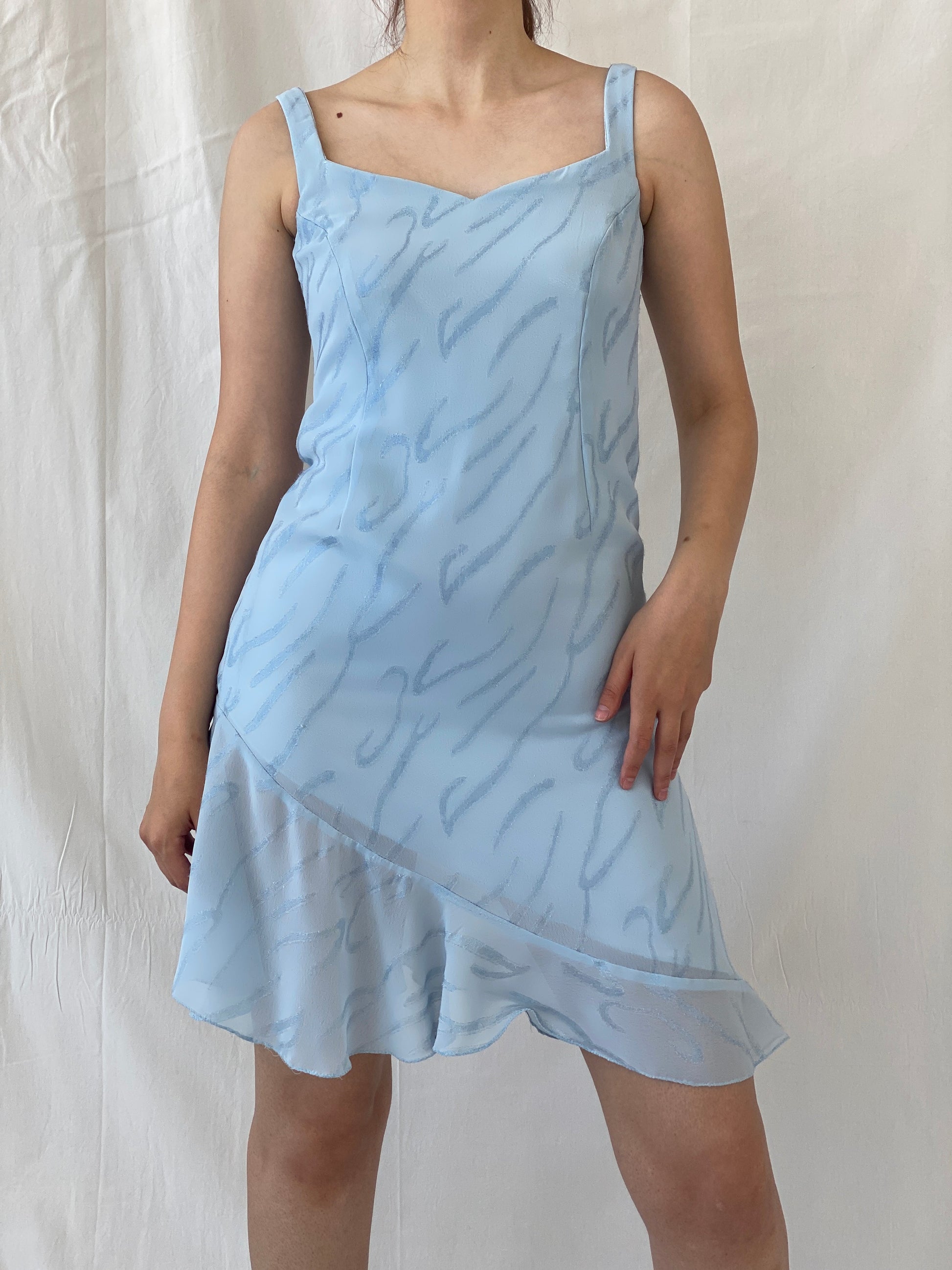Y2K Handmade Sky Blue Glittery Ruffle Hem Mini Dress - M - Balagan Vintage Mini Dress 90s, Ayah, dress, Mini Dress, vintage dress, Wedding Guest
