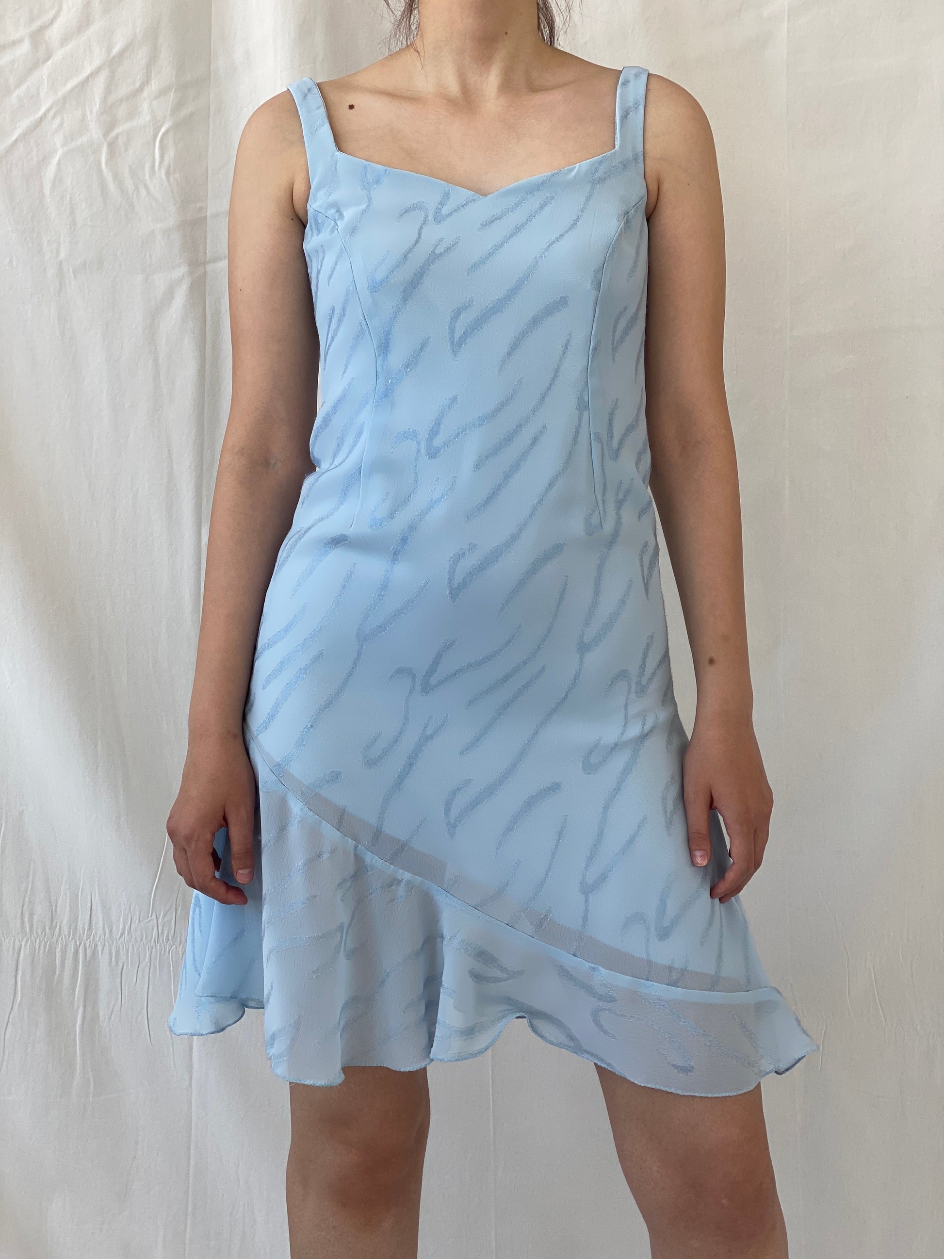 Y2K Handmade Sky Blue Glittery Ruffle Hem Mini Dress - M - Balagan Vintage Mini Dress 90s, Ayah, dress, Mini Dress, vintage dress, Wedding Guest