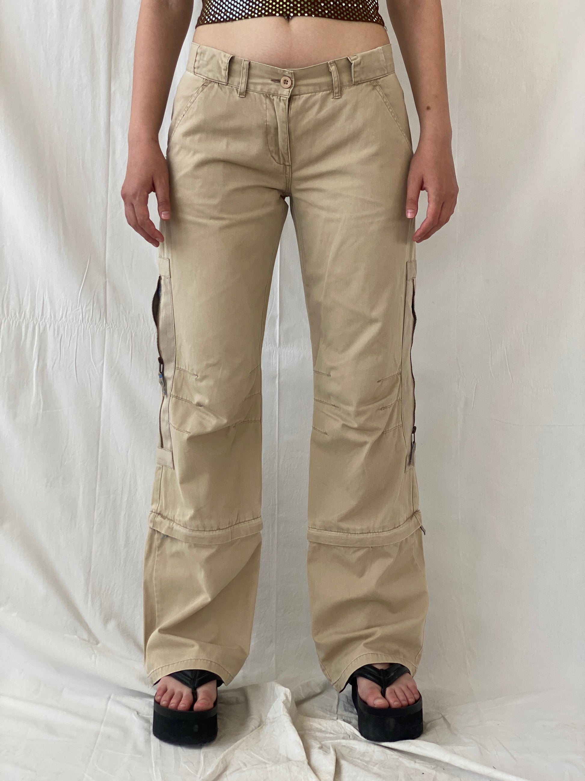 Y2K IDPDT Beige Low Rise Wide Leg Adjustable Length Cargo Pants - M - Balagan Vintage Cargo Pants 80s, 90s, Ayah, cargo, consignment, Tojan, vintage pants, windbreaker