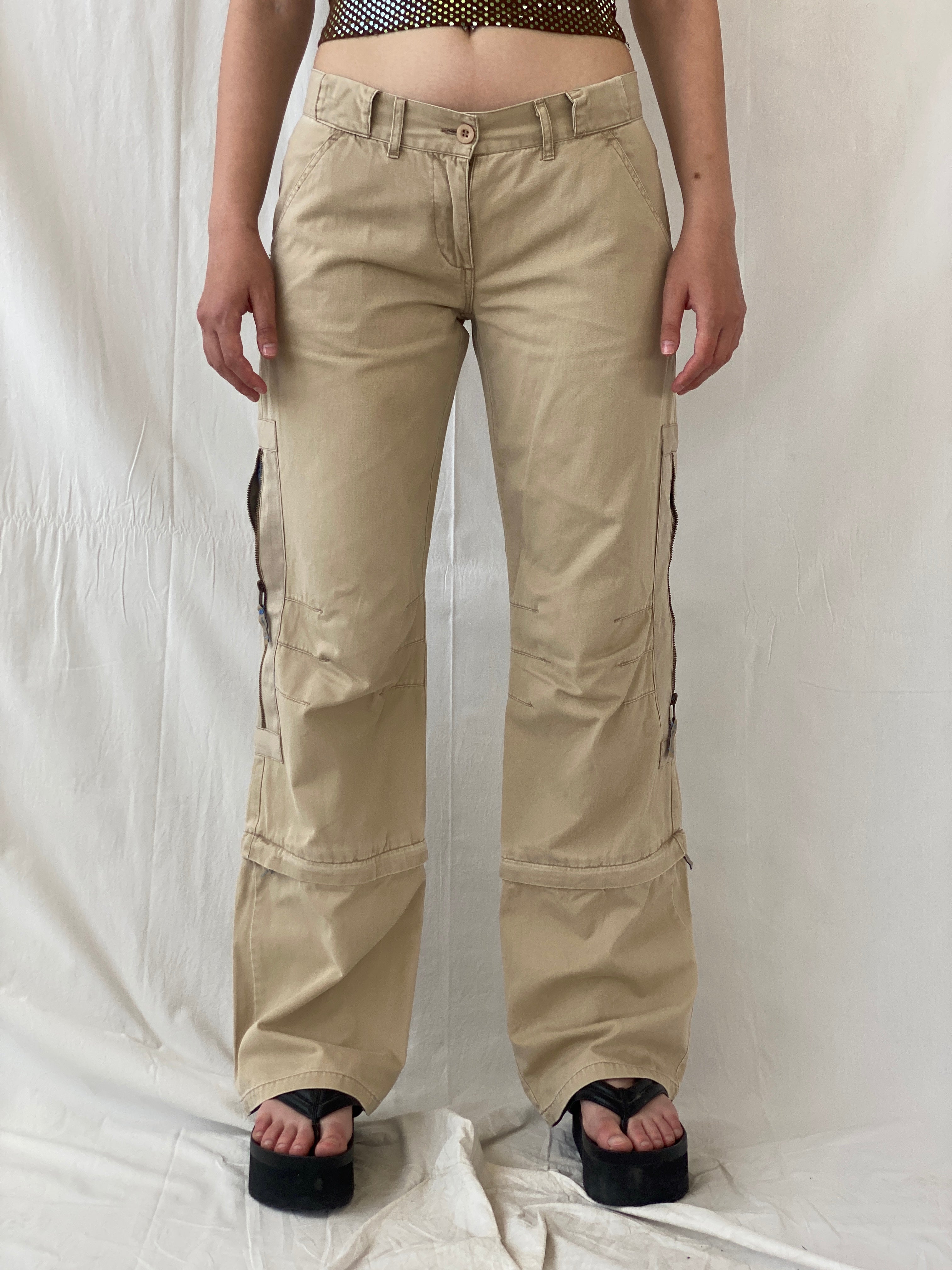 Y2K IDPDT Beige Low Rise Wide Leg Adjustable Length Cargo Pants - M - Balagan Vintage Cargo Pants 80s, 90s, Ayah, cargo, consignment, Tojan, vintage pants, windbreaker
