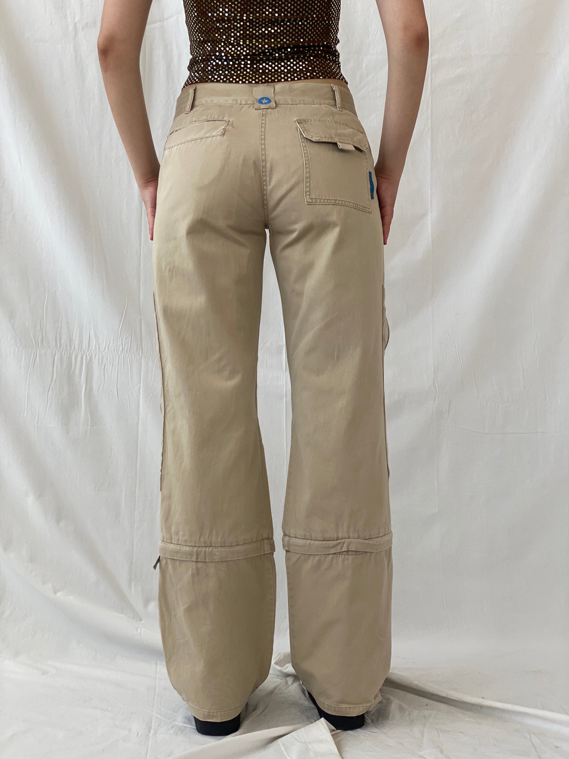 Y2K IDPDT Beige Low Rise Wide Leg Adjustable Length Cargo Pants - M - Balagan Vintage Cargo Pants 80s, 90s, Ayah, cargo, consignment, Tojan, vintage pants, windbreaker