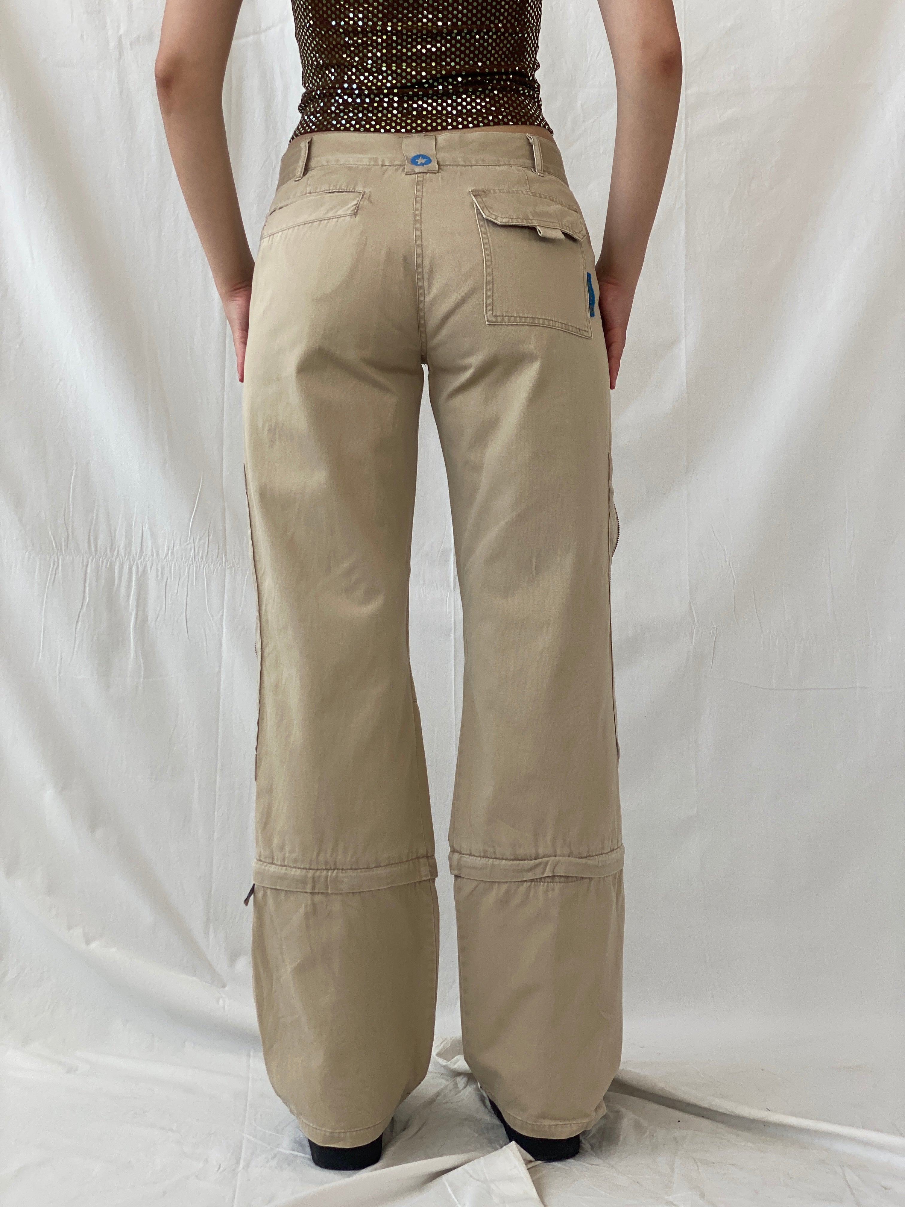 Y2K IDPDT Beige Low Rise Wide Leg Adjustable Length Cargo Pants - M - Balagan Vintage Cargo Pants 80s, 90s, Ayah, cargo, consignment, Tojan, vintage pants, windbreaker