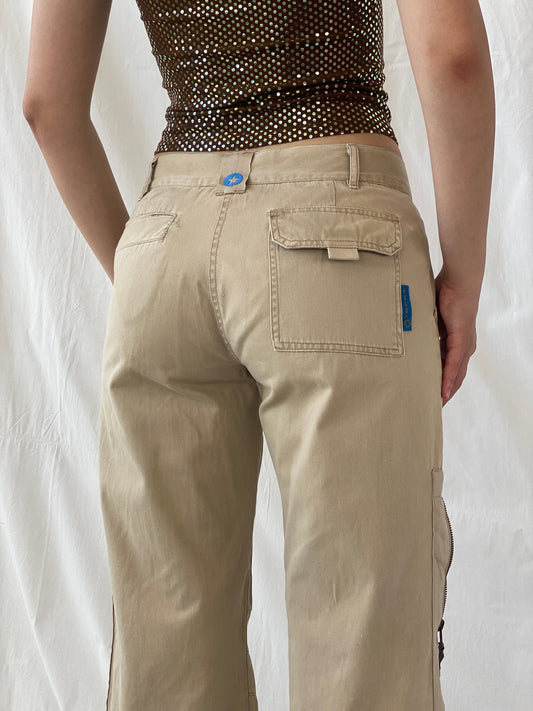 Y2K IDPDT Beige Low Rise Wide Leg Adjustable Length Cargo Pants - M - Balagan Vintage Cargo Pants 80s, 90s, Ayah, cargo, consignment, Tojan, vintage pants, windbreaker
