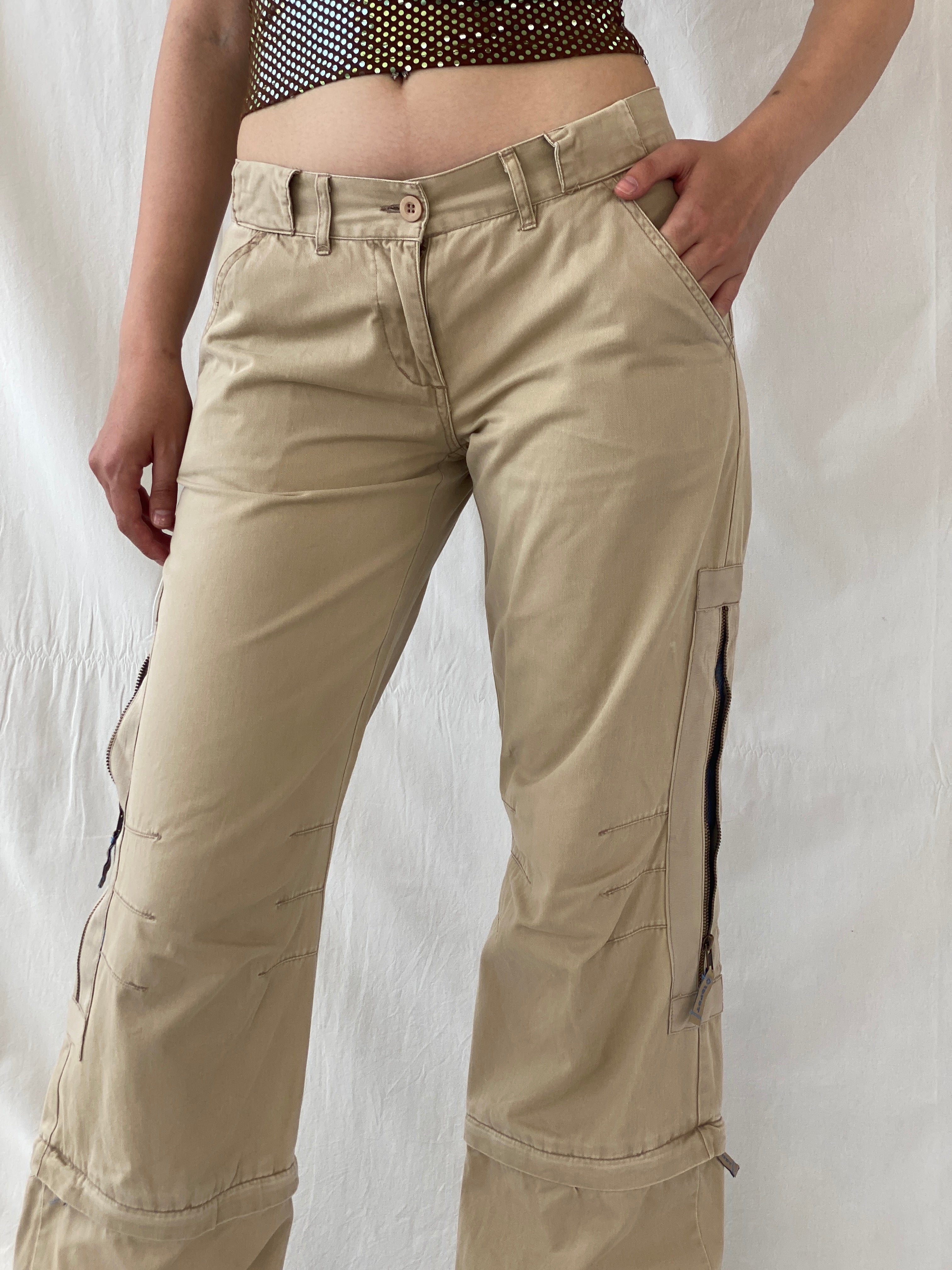 Y2K IDPDT Beige Low Rise Wide Leg Adjustable Length Cargo Pants - M - Balagan Vintage Cargo Pants 80s, 90s, Ayah, cargo, consignment, Tojan, vintage pants, windbreaker