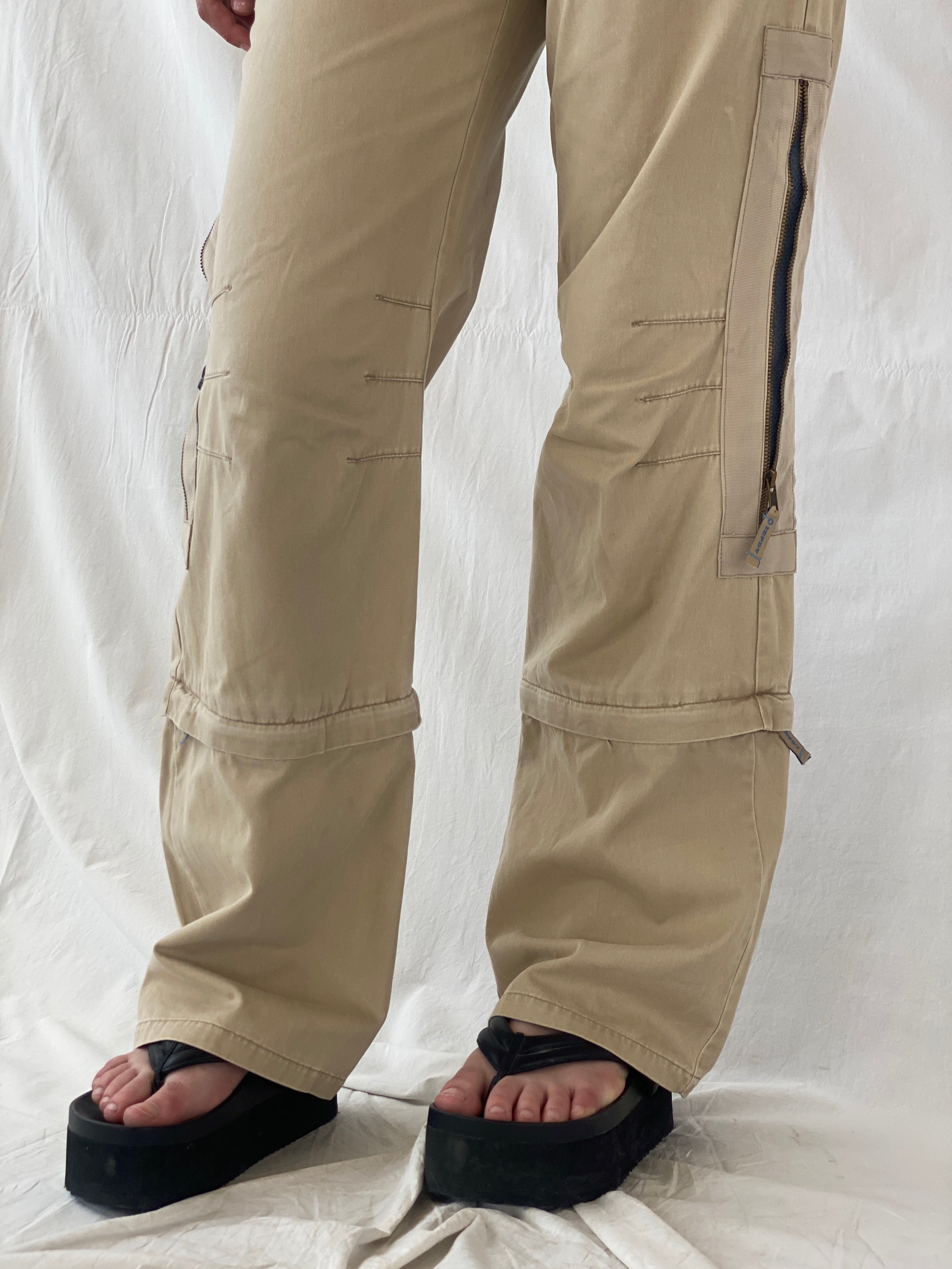 Y2K IDPDT Beige Low Rise Wide Leg Adjustable Length Cargo Pants - M - Balagan Vintage Cargo Pants 80s, 90s, Ayah, cargo, consignment, Tojan, vintage pants, windbreaker