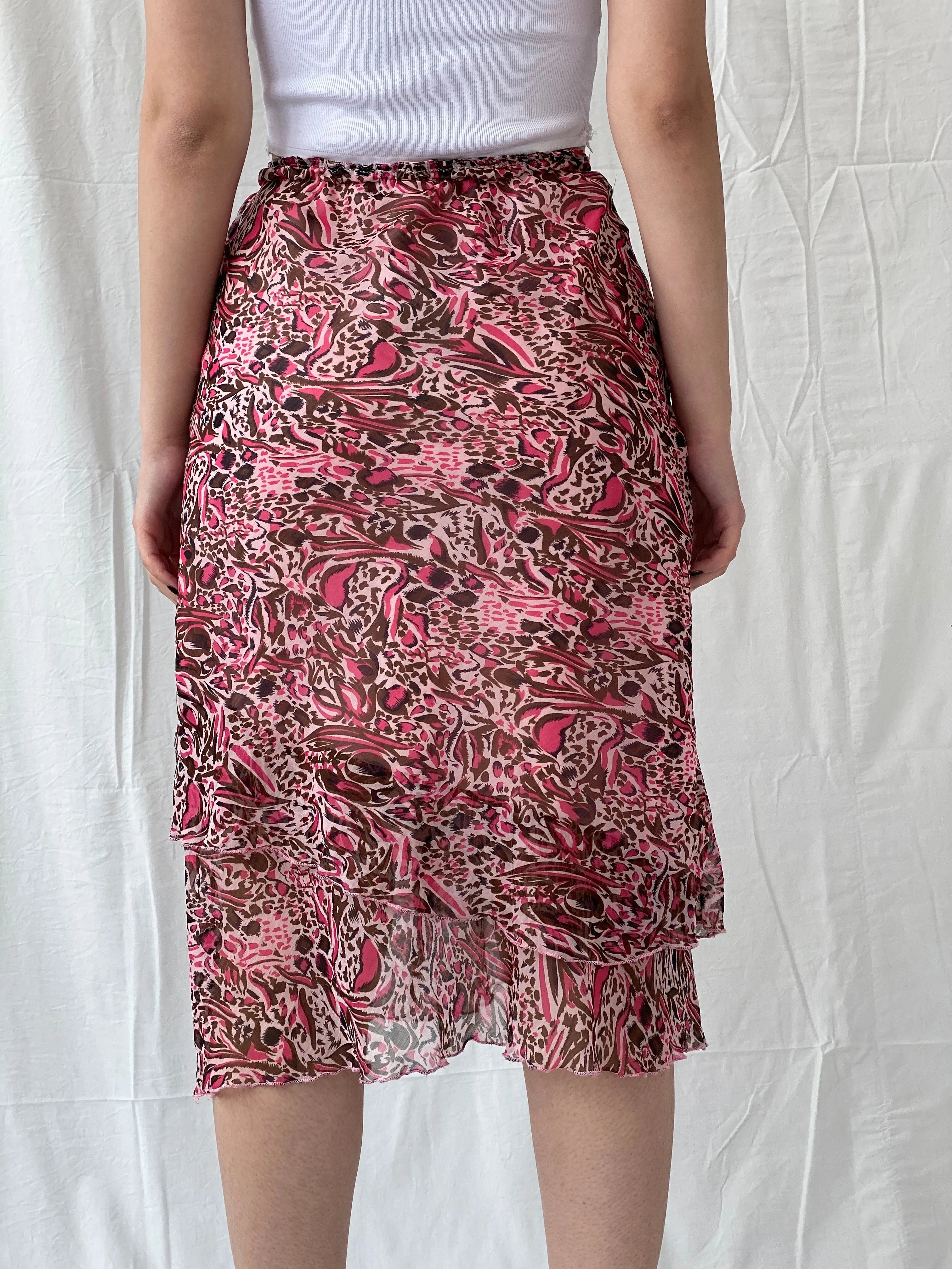Y2K iNFiNiTY Woman Pink Brown Animal Print Asymmetric Layered Midi Skirt - S - Balagan Vintage Midi Skirt Ayah, consignment, midi skirt, skirt, Tasnim, women skirt