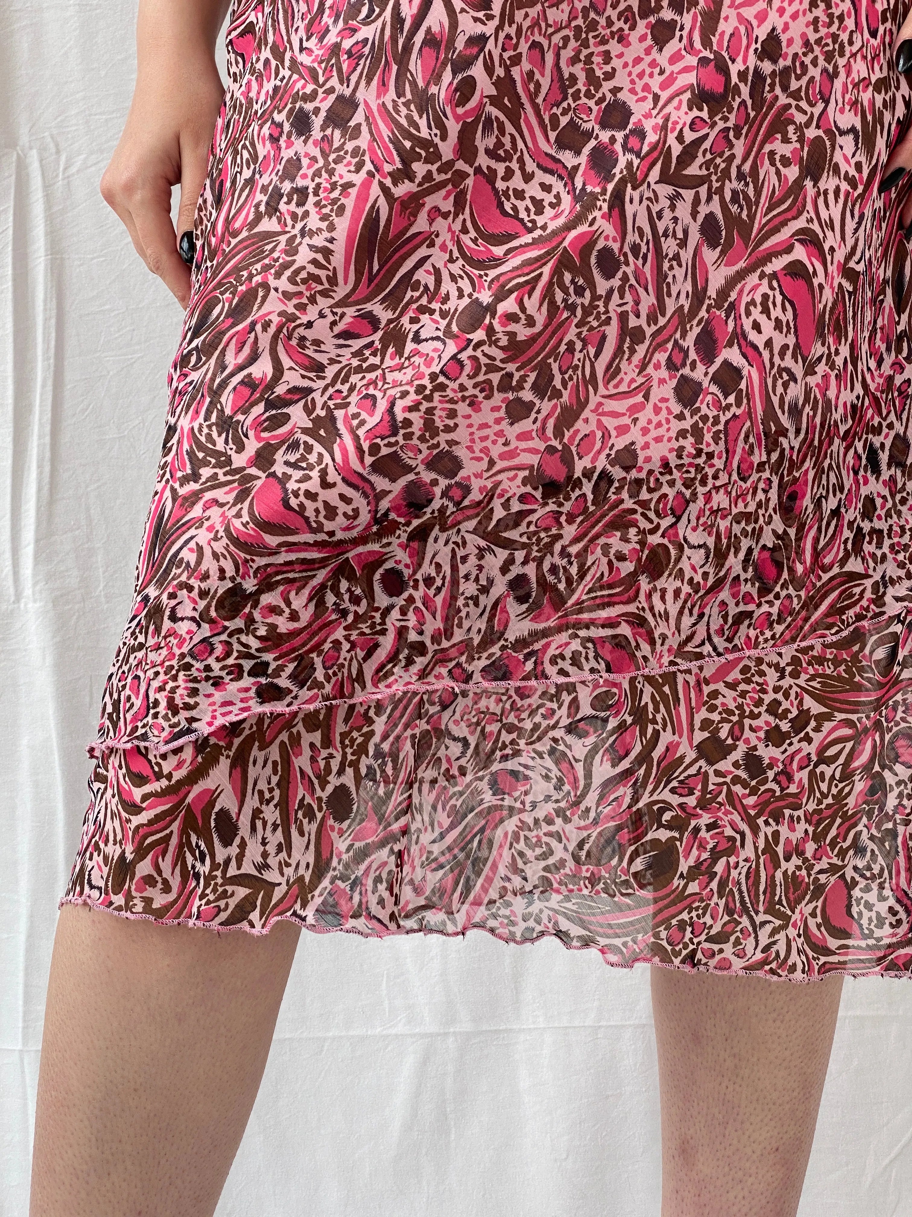 Y2K iNFiNiTY Woman Pink Brown Animal Print Asymmetric Layered Midi Skirt - S - Balagan Vintage Midi Skirt Ayah, consignment, midi skirt, skirt, Tasnim, women skirt