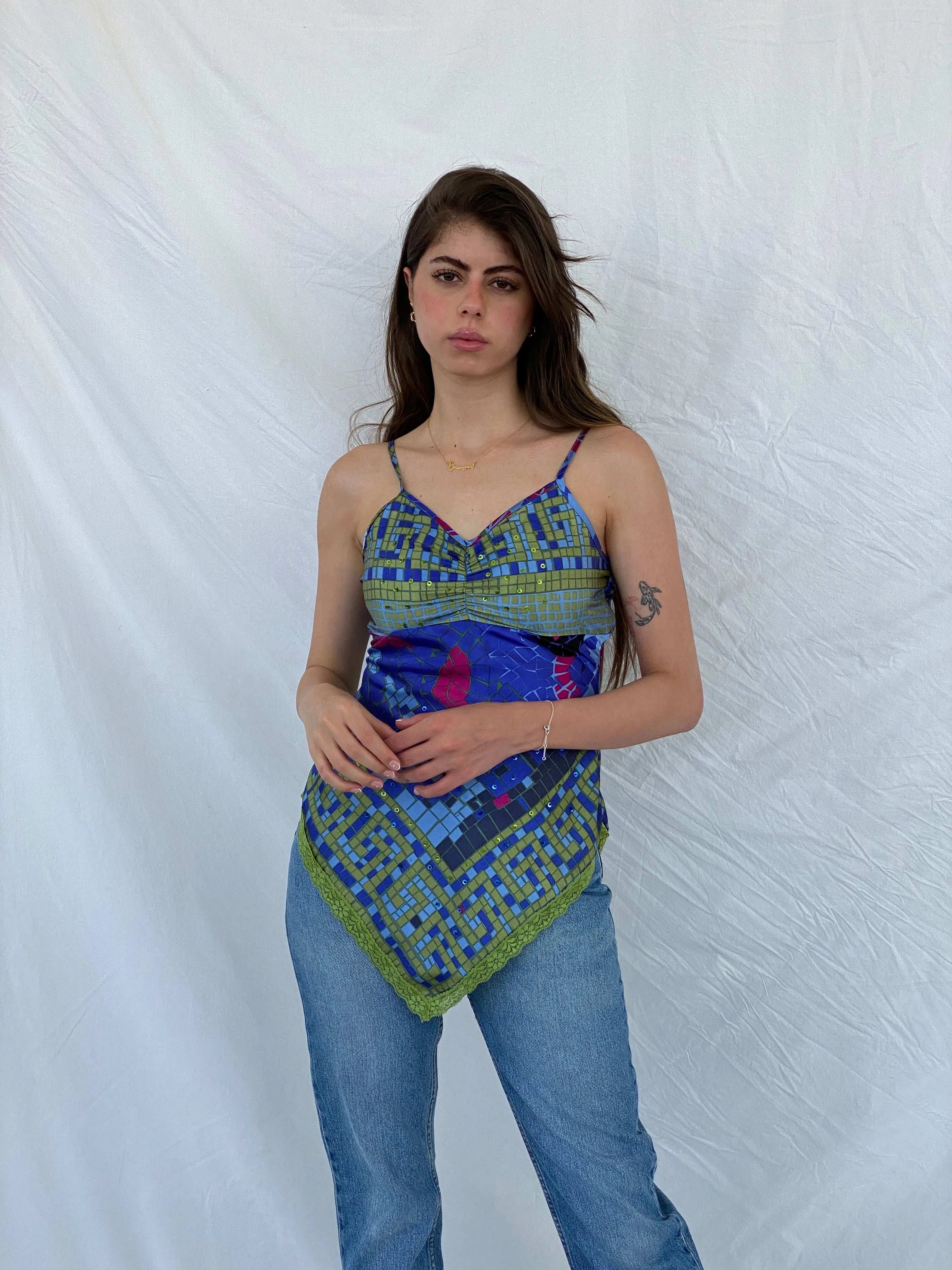 Y2K It’s Mine Sequined Asymmetric Blue and Green Lace Trim Cami Top - S - Balagan Vintage Cami 00s, 90s, Cami, Deals, floral, Mira