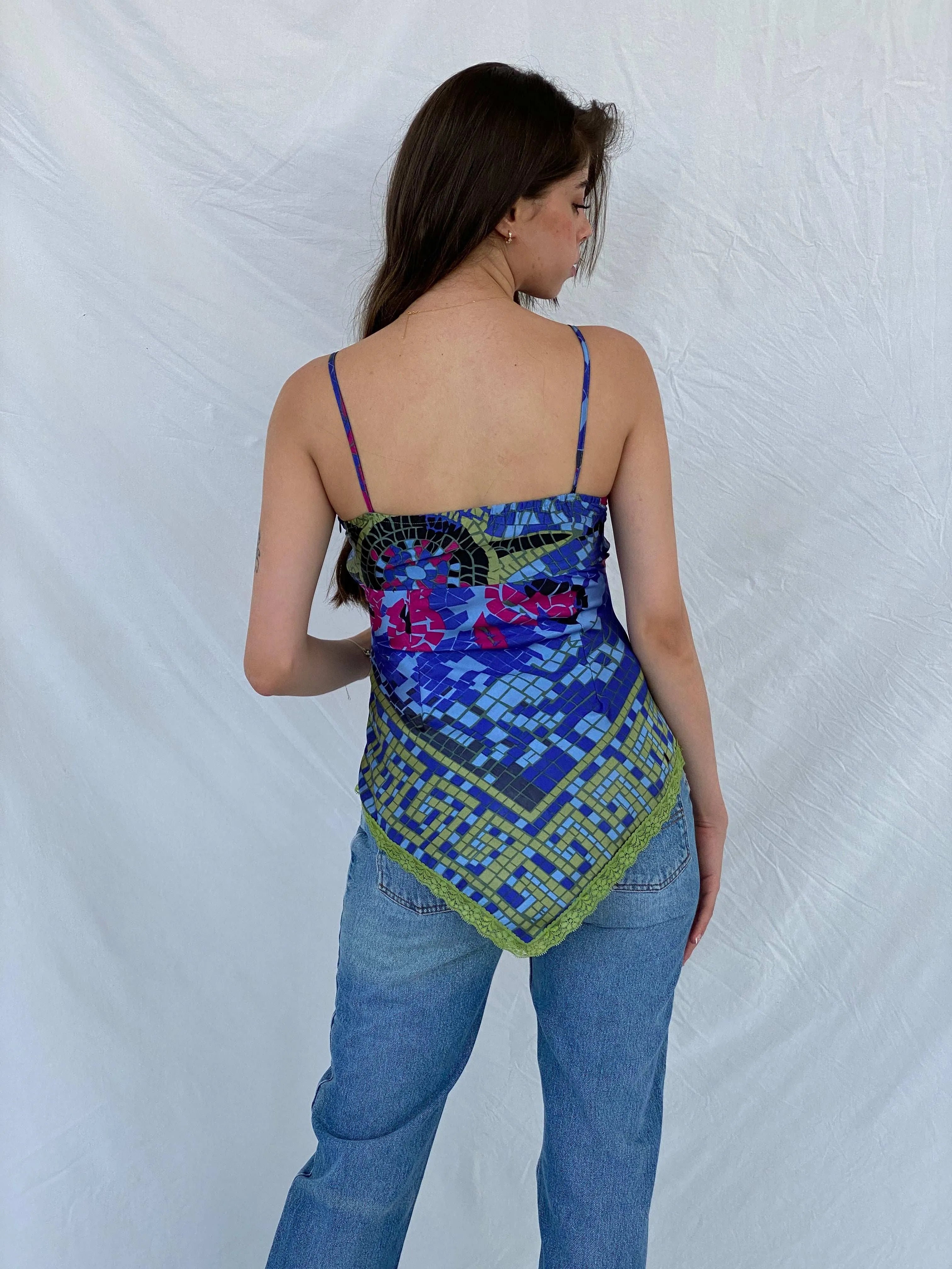 Y2K It’s Mine Sequined Asymmetric Blue and Green Lace Trim Cami Top - S - Balagan Vintage Cami 00s, 90s, Cami, Deals, floral, Mira