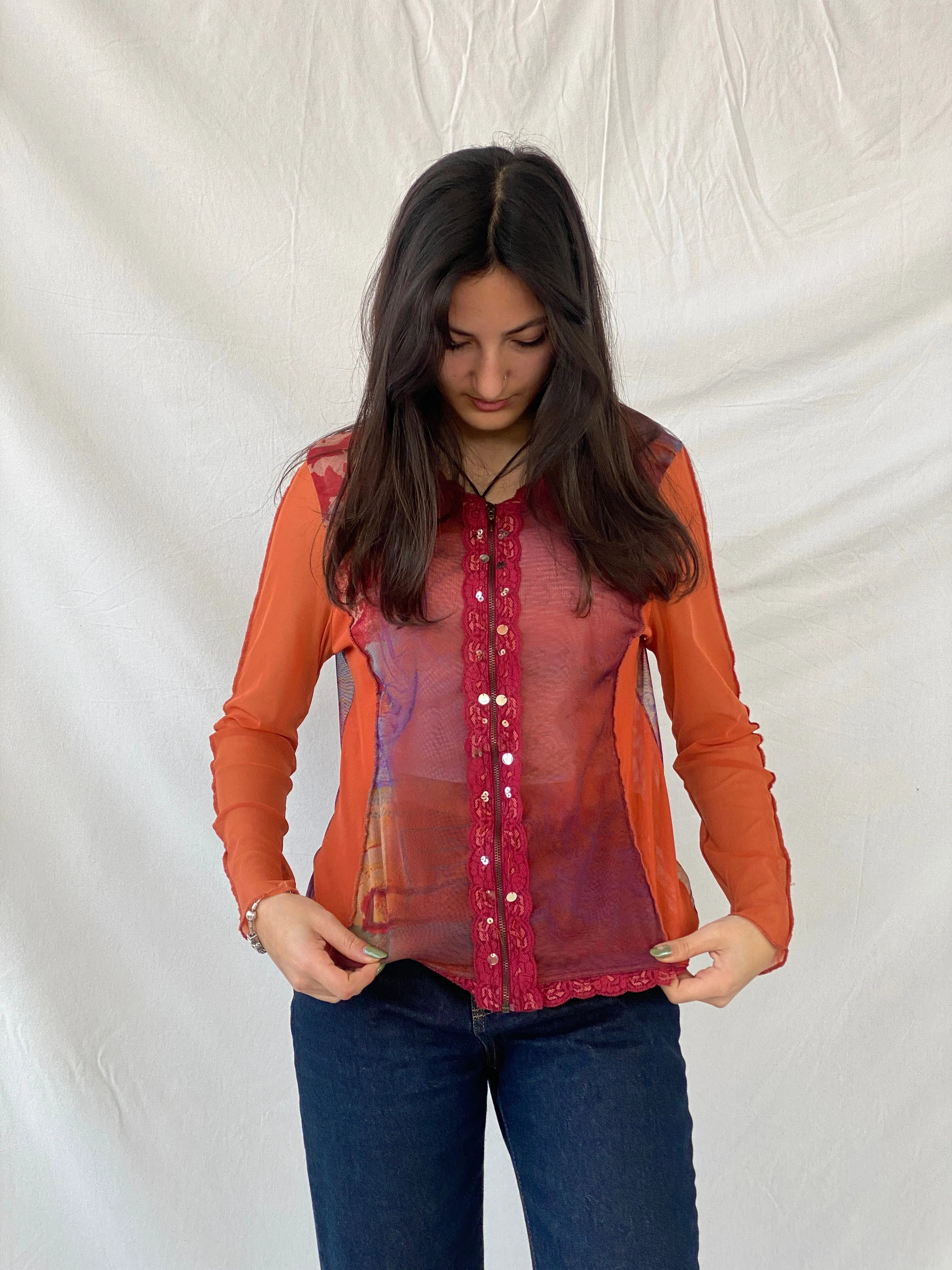 Y2K Jacqueline Riu Graphic Mesh Zip Up Lace Trim Sequin Red & Orange Cardigan - M - Balagan Vintage Cardigan 00s, cardigan, consignment, Danadabbas, full sleeve top, NEW IN, Syntia, women top