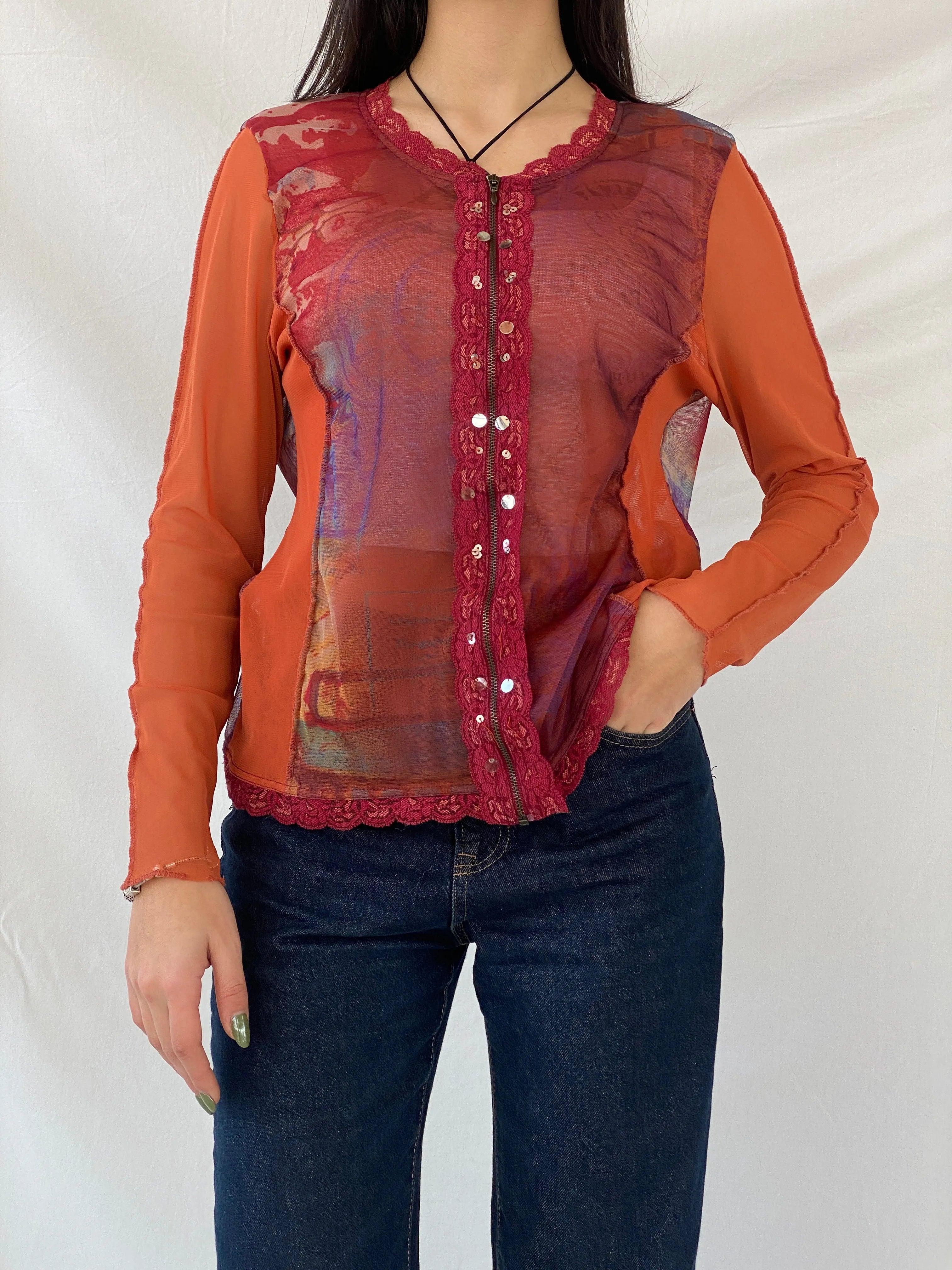 Y2K Jacqueline Riu Graphic Mesh Zip Up Lace Trim Sequin Red & Orange Cardigan - M - Balagan Vintage Cardigan 00s, cardigan, consignment, Danadabbas, full sleeve top, NEW IN, Syntia, women top