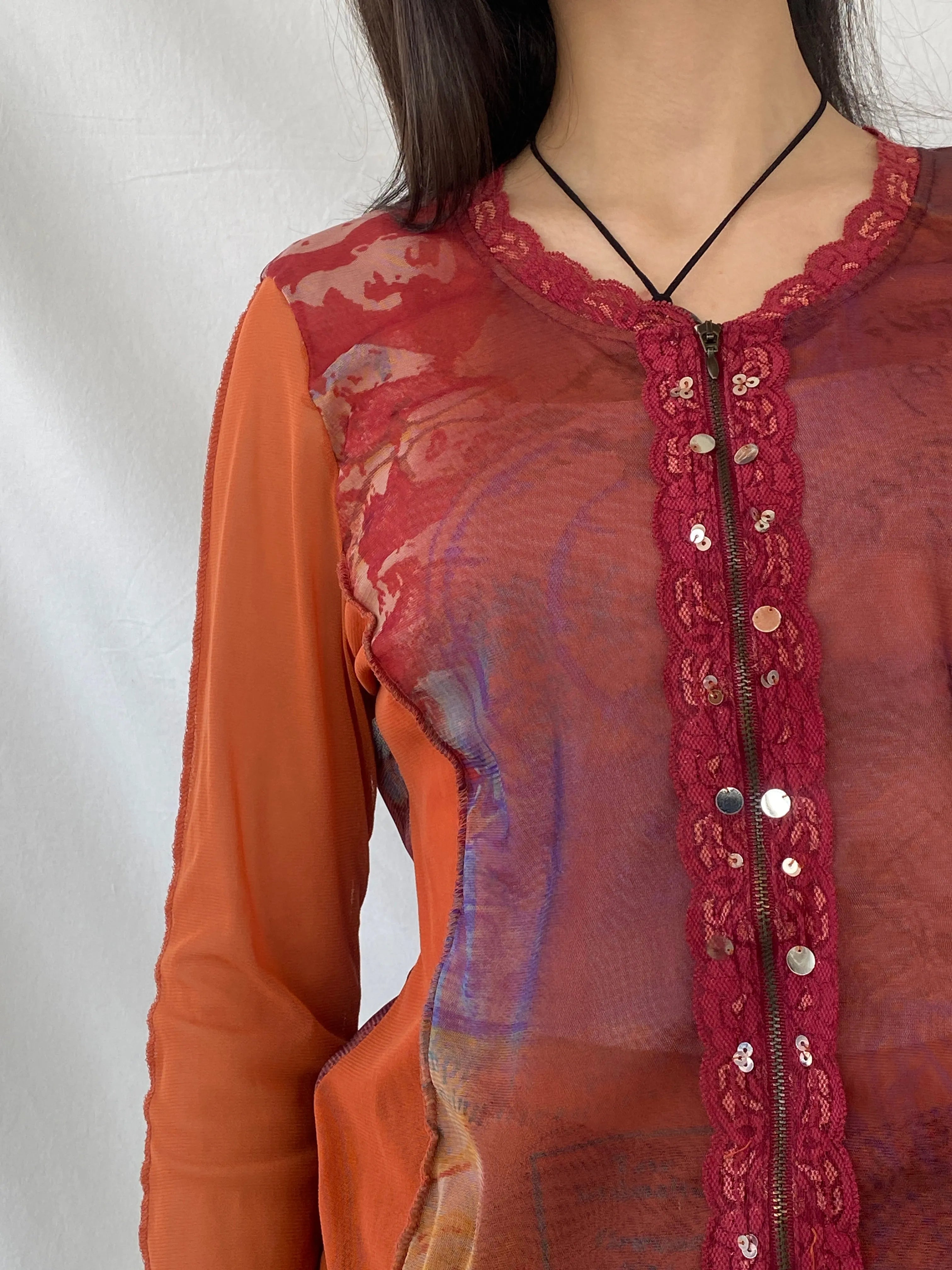 Y2K Jacqueline Riu Graphic Mesh Zip Up Lace Trim Sequin Red & Orange Cardigan - M - Balagan Vintage Cardigan 00s, cardigan, consignment, Danadabbas, full sleeve top, NEW IN, Syntia, women top