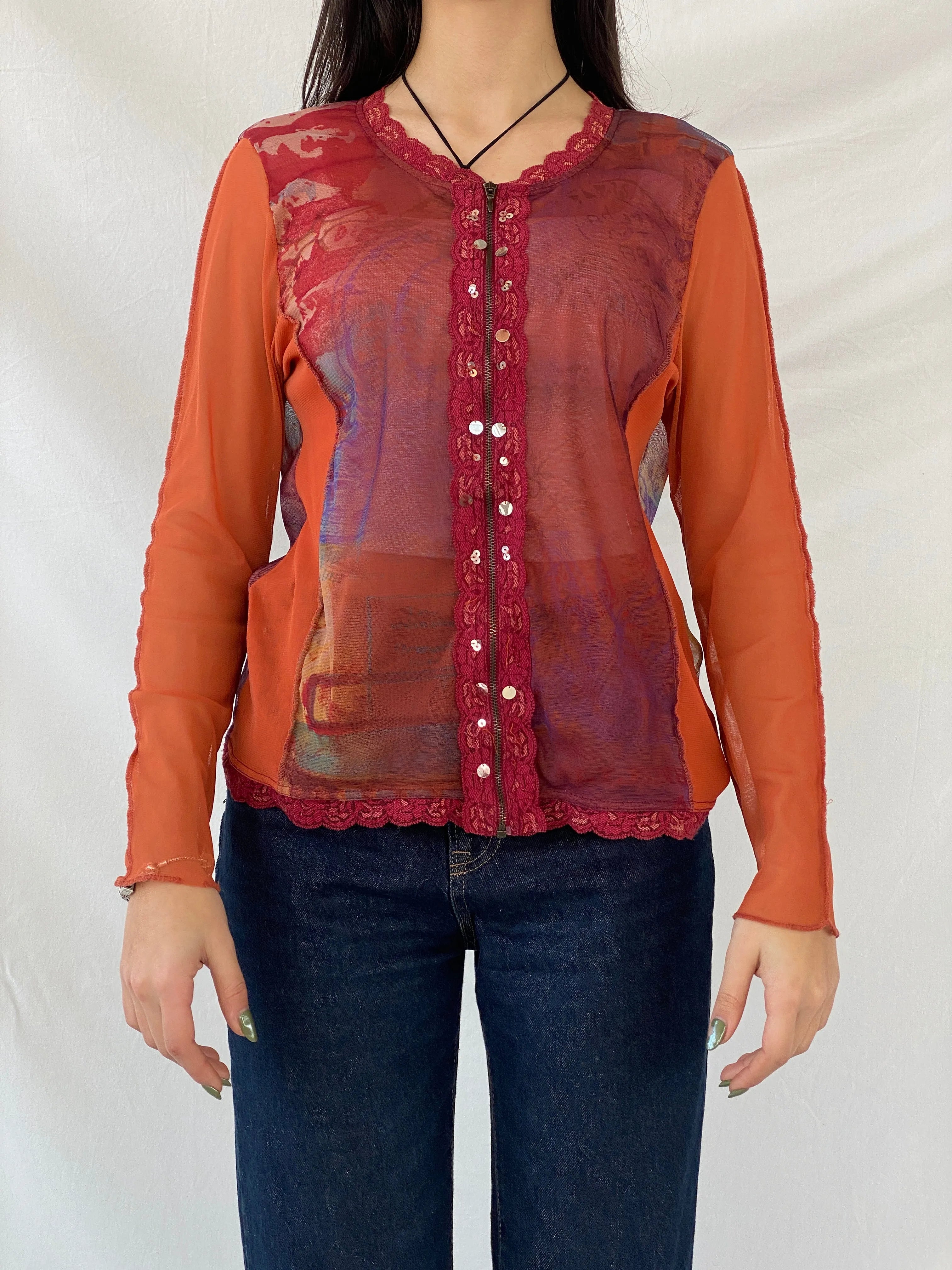 Y2K Jacqueline Riu Graphic Mesh Zip Up Lace Trim Sequin Red & Orange Cardigan - M - Balagan Vintage Cardigan 00s, cardigan, consignment, Danadabbas, full sleeve top, NEW IN, Syntia, women top