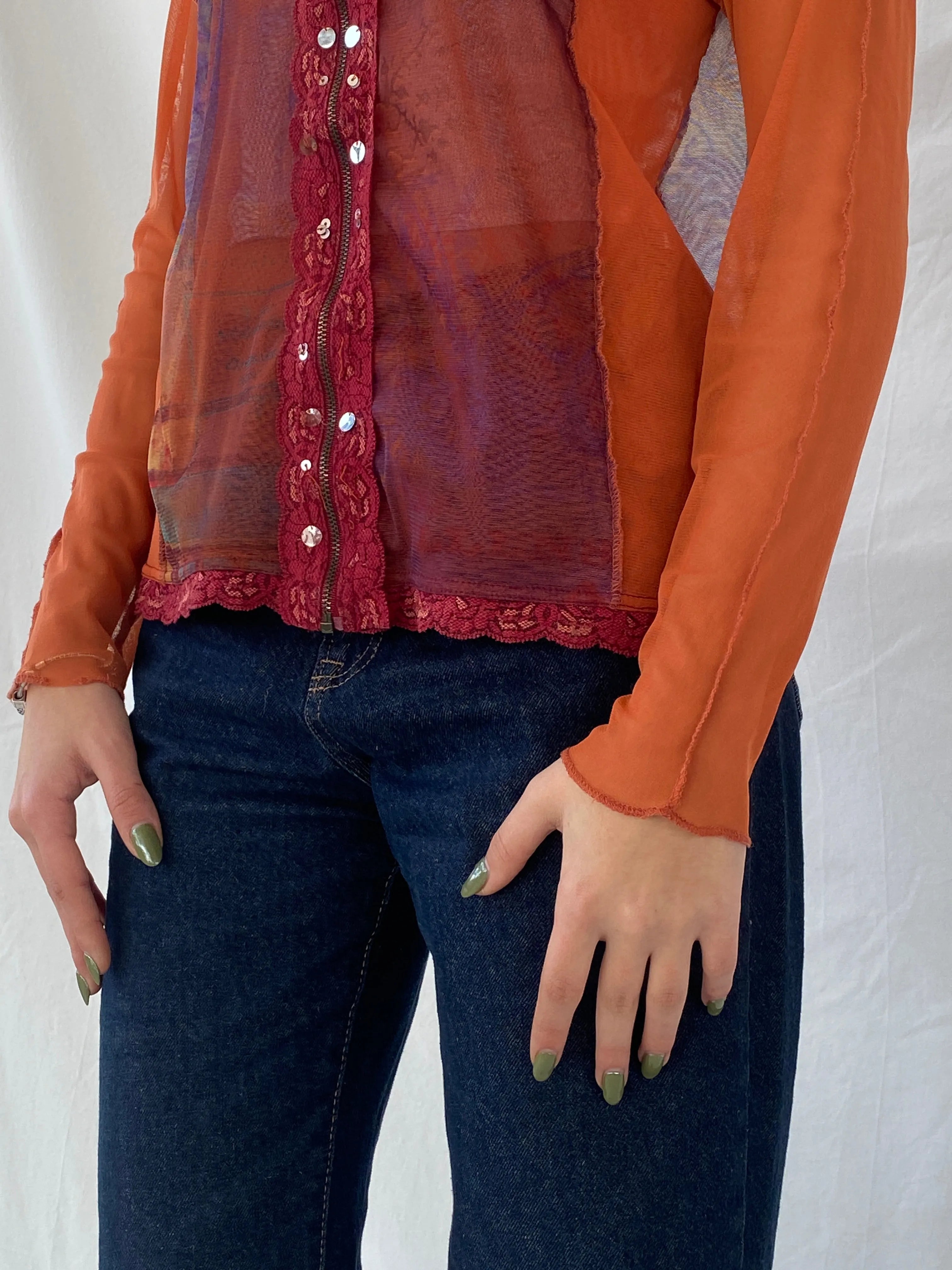 Y2K Jacqueline Riu Graphic Mesh Zip Up Lace Trim Sequin Red & Orange Cardigan - M - Balagan Vintage Cardigan 00s, cardigan, consignment, Danadabbas, full sleeve top, NEW IN, Syntia, women top