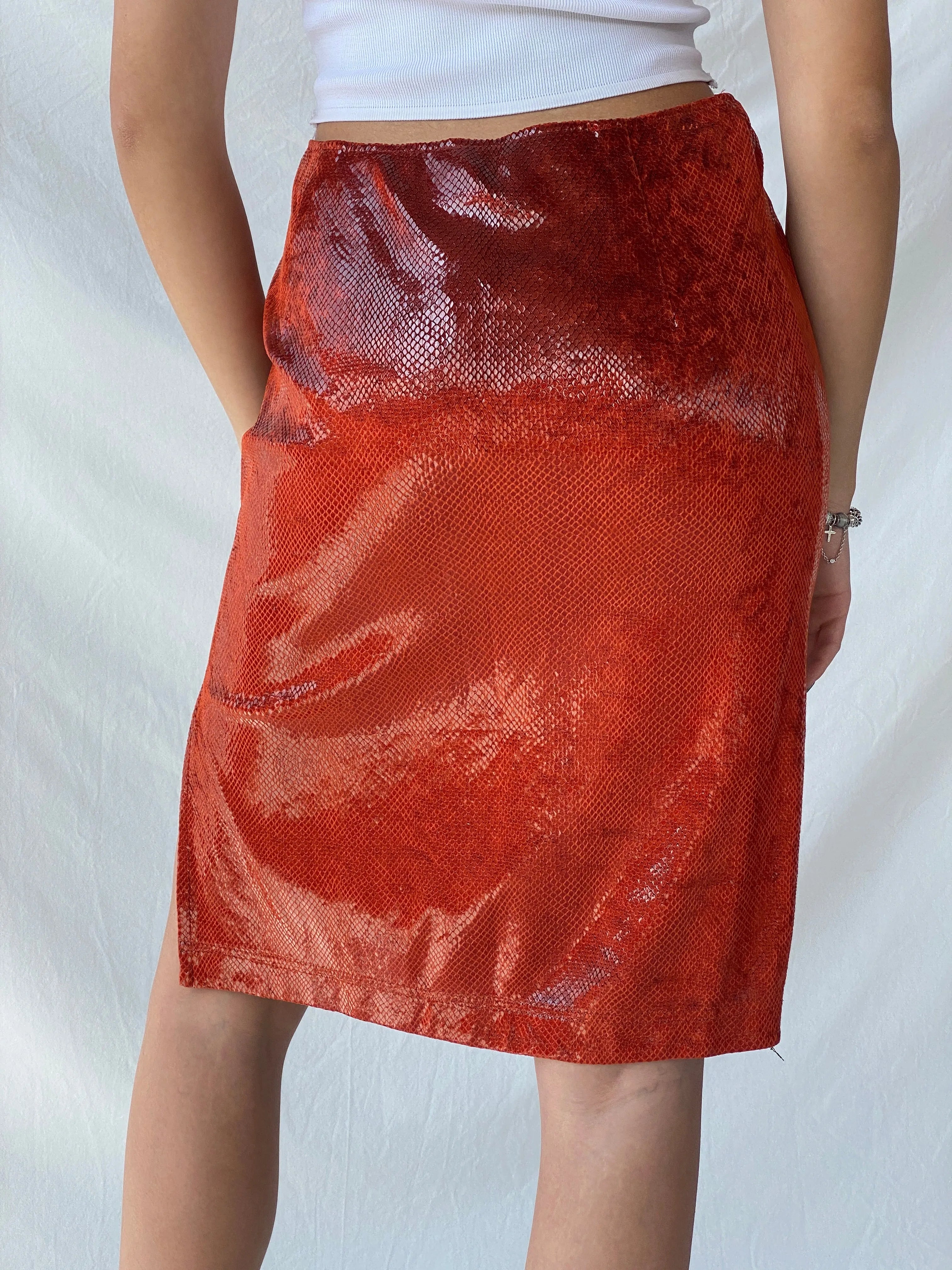 Y2K Jean Paul Metallic Orange Midi Women’s Skirt - M - Balagan Vintage Midi Skirt 00s, consignment, Melika, midi skirt, Syntia, winter