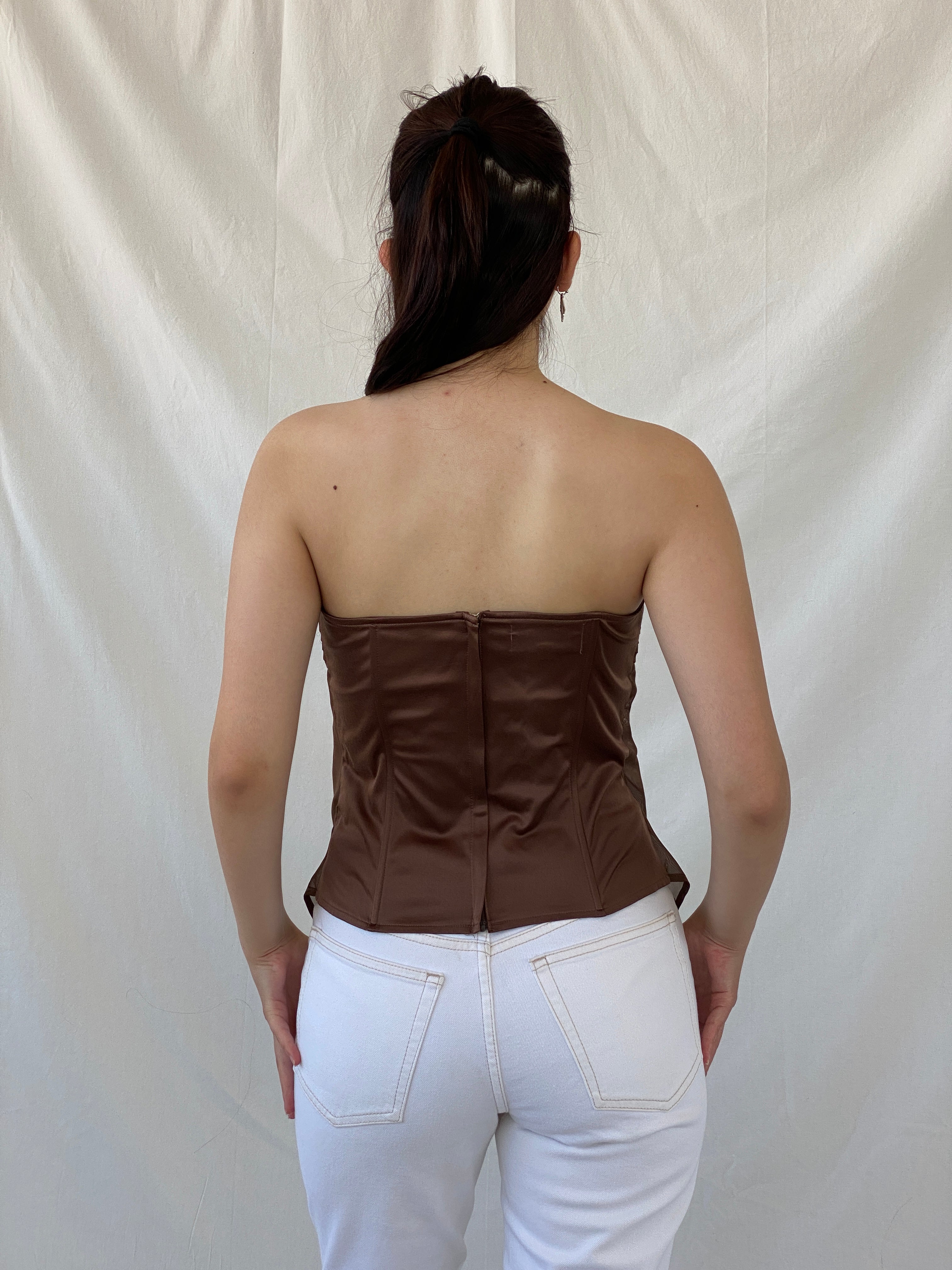 Y2K Jennyfer VIP Brown Strapless Bow Bustier Tube Top - M - Balagan Vintage Strapless Top 00s, Ayah, NEW IN, women top
