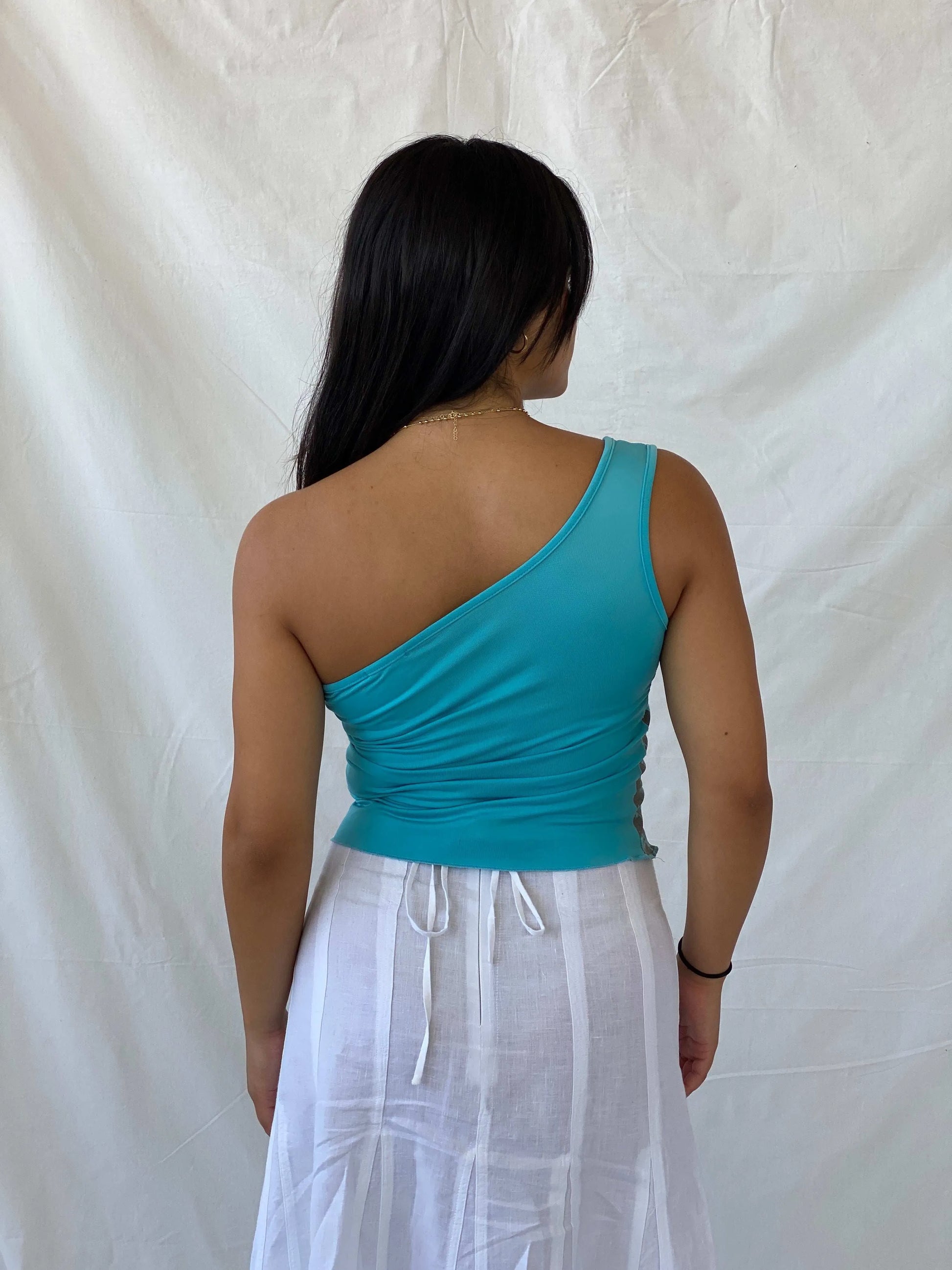 Y2K Joe W Graphic Blue One Shoulder Top - L - Balagan Vintage One Shoulder Top 00s, Lana, summer, Y2K