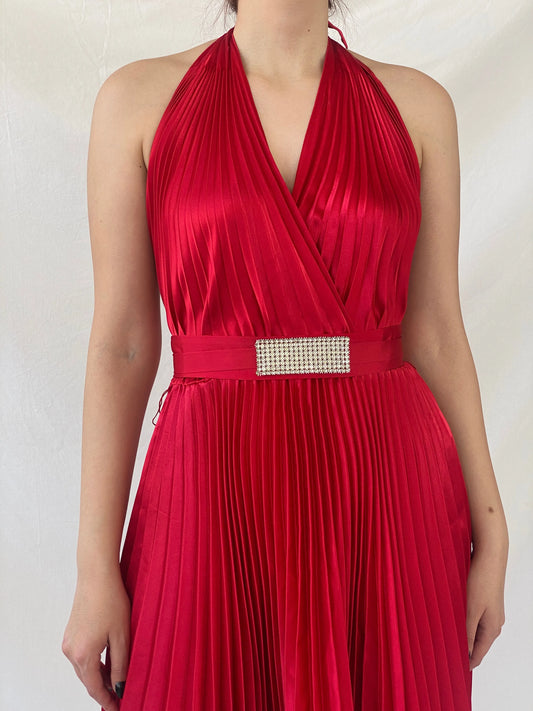 Y2K Joseph Ribkoff Red Pleated Midi Halter Neck Dress - S - Balagan Vintage Midi Dress Ayah, consignment, dress, midi dress, Shireen, Wedding Guest, winter