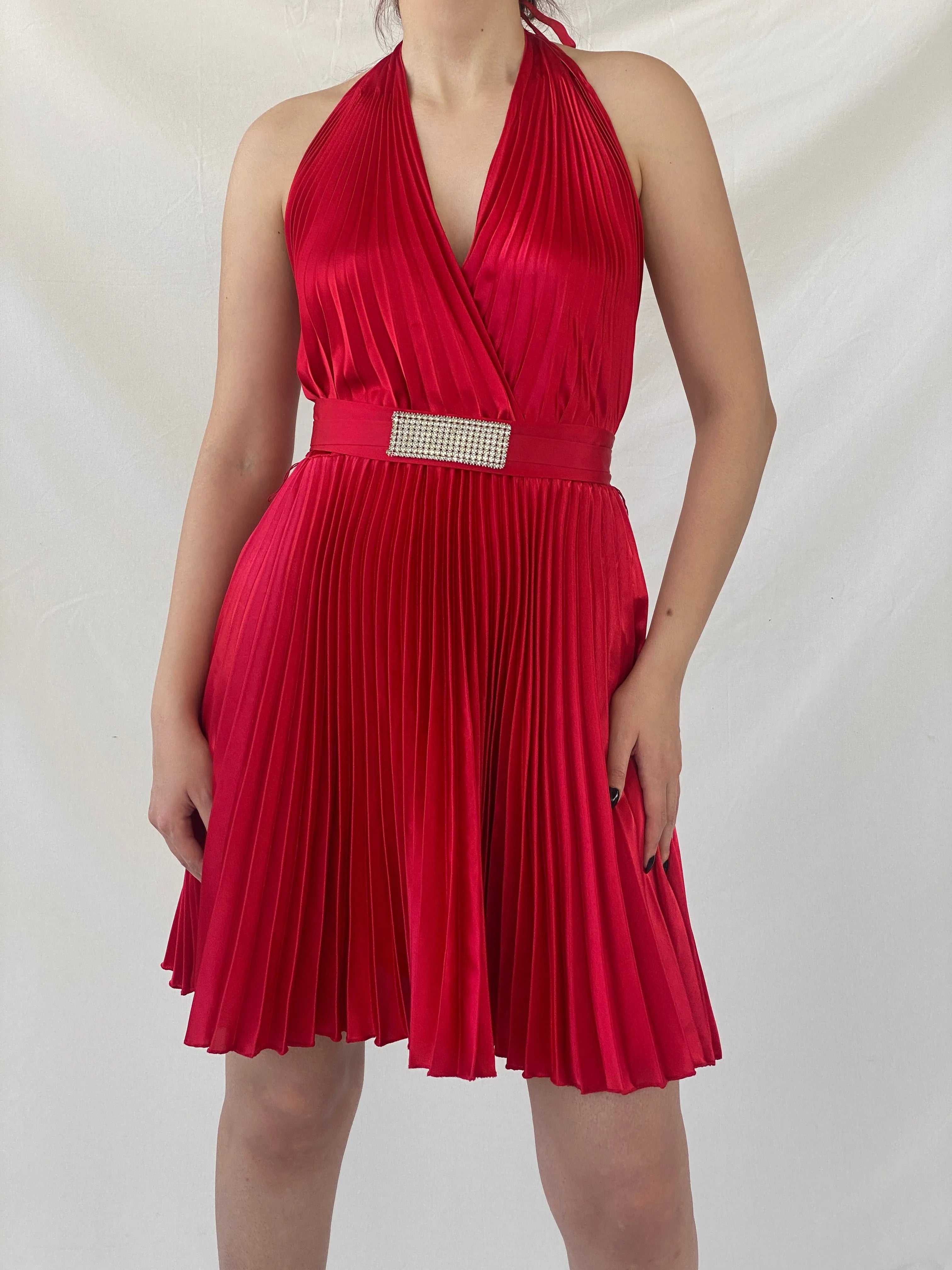 Y2K Joseph Ribkoff Red Pleated Midi Halter Neck Dress - S - Balagan Vintage Midi Dress Ayah, consignment, dress, midi dress, Shireen, Wedding Guest, winter