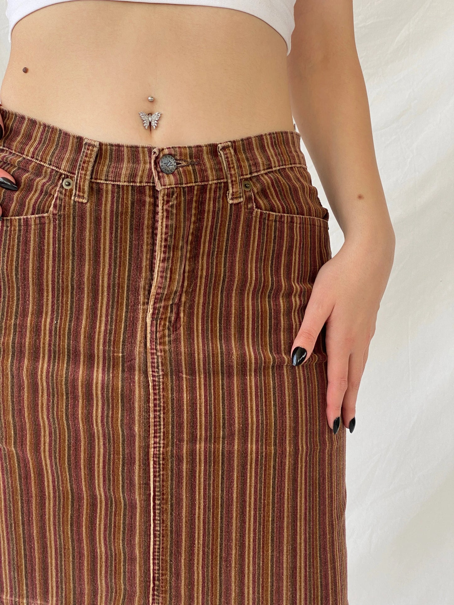 Y2K Kaliko Striped Corduroy Brown Short Skirt - M - Balagan Vintage Mini Skirt Ayah, corduroy, mini skirt, striped, striped skirt, winter