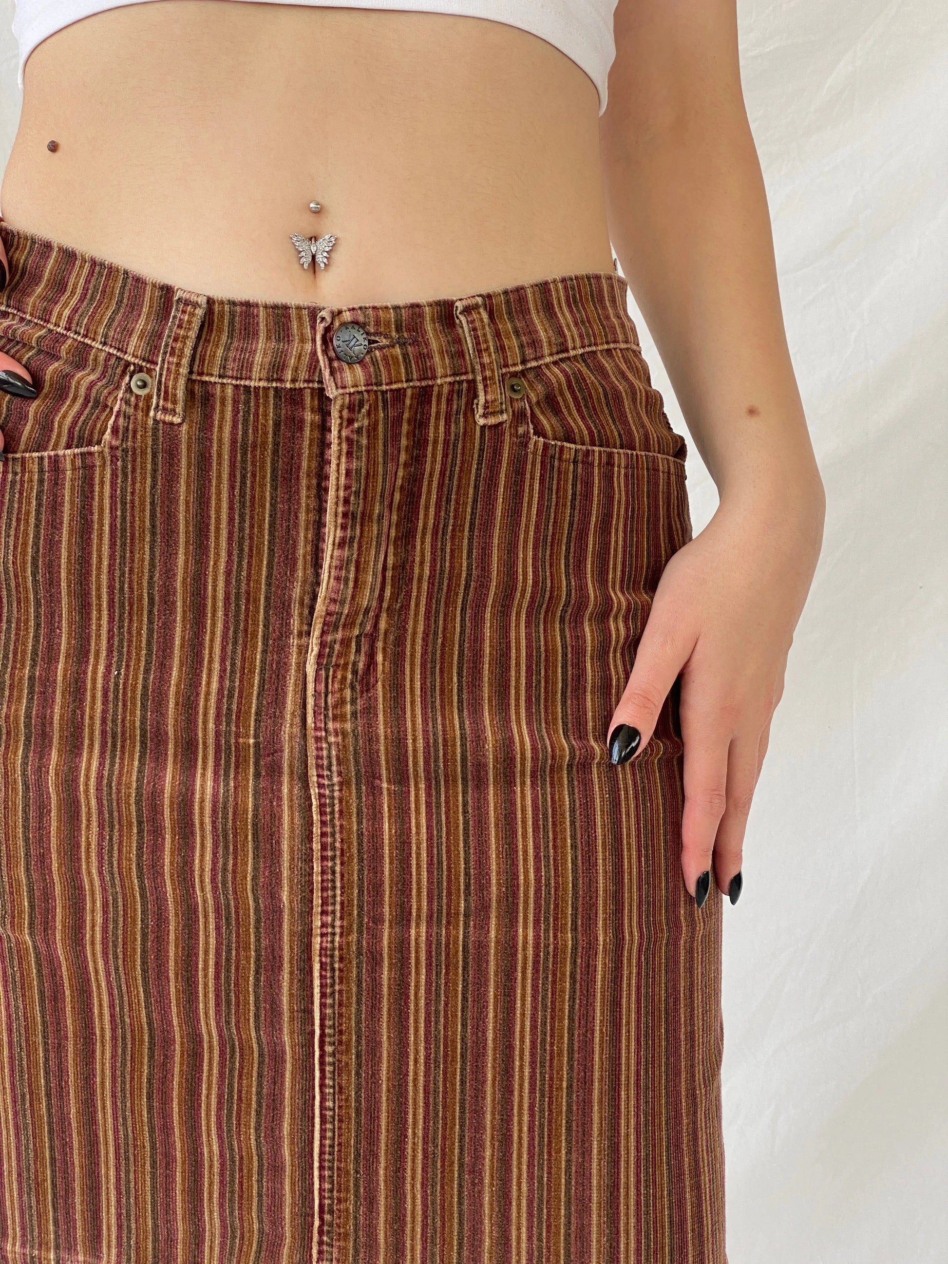 Y2K Kaliko Striped Corduroy Brown Short Skirt - M - Balagan Vintage Mini Skirt Ayah, corduroy, mini skirt, striped, striped skirt, winter
