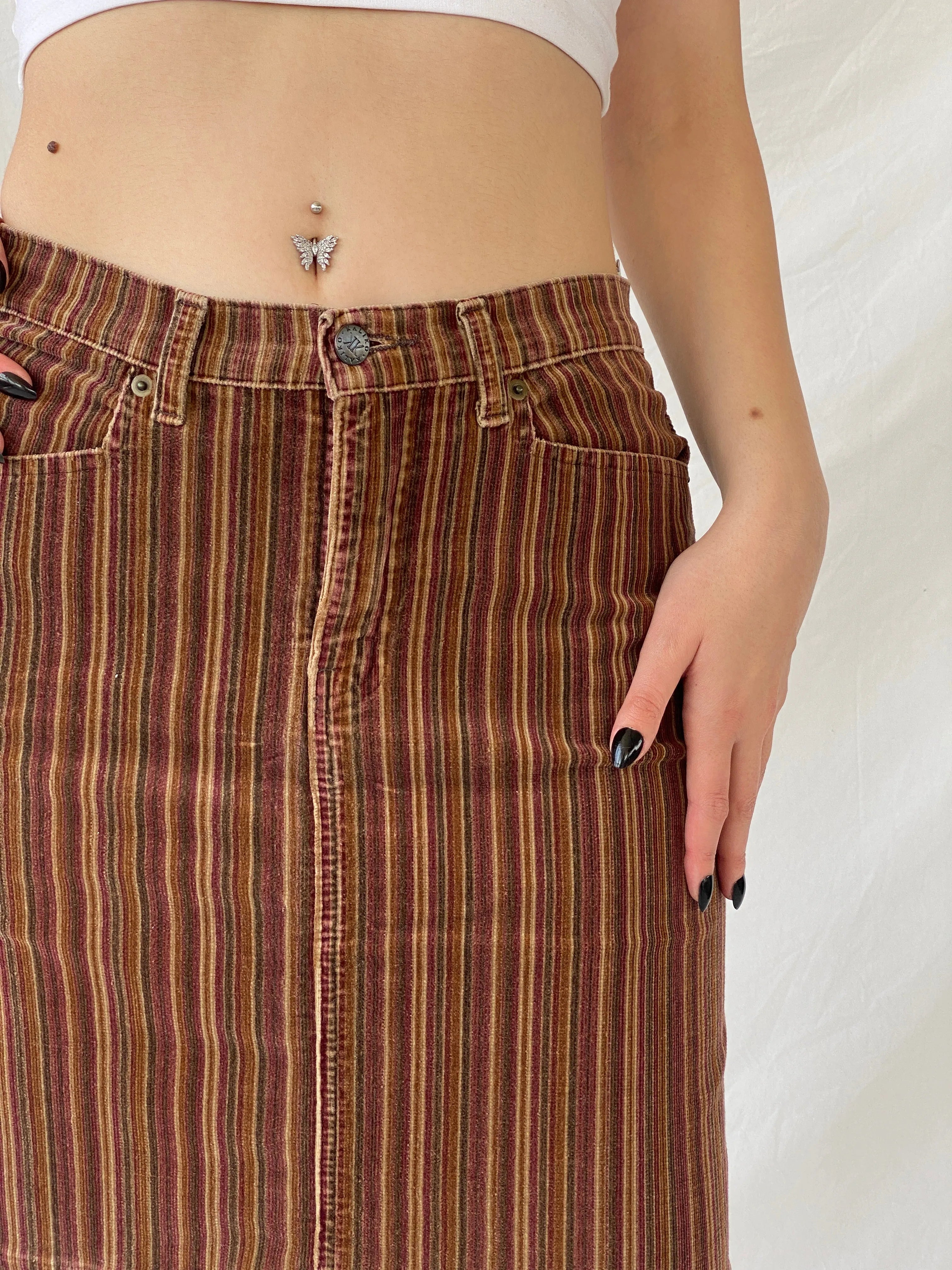 Y2K Kaliko Striped Corduroy Brown Short Skirt - M - Balagan Vintage Mini Skirt Ayah, corduroy, mini skirt, striped, striped skirt, winter