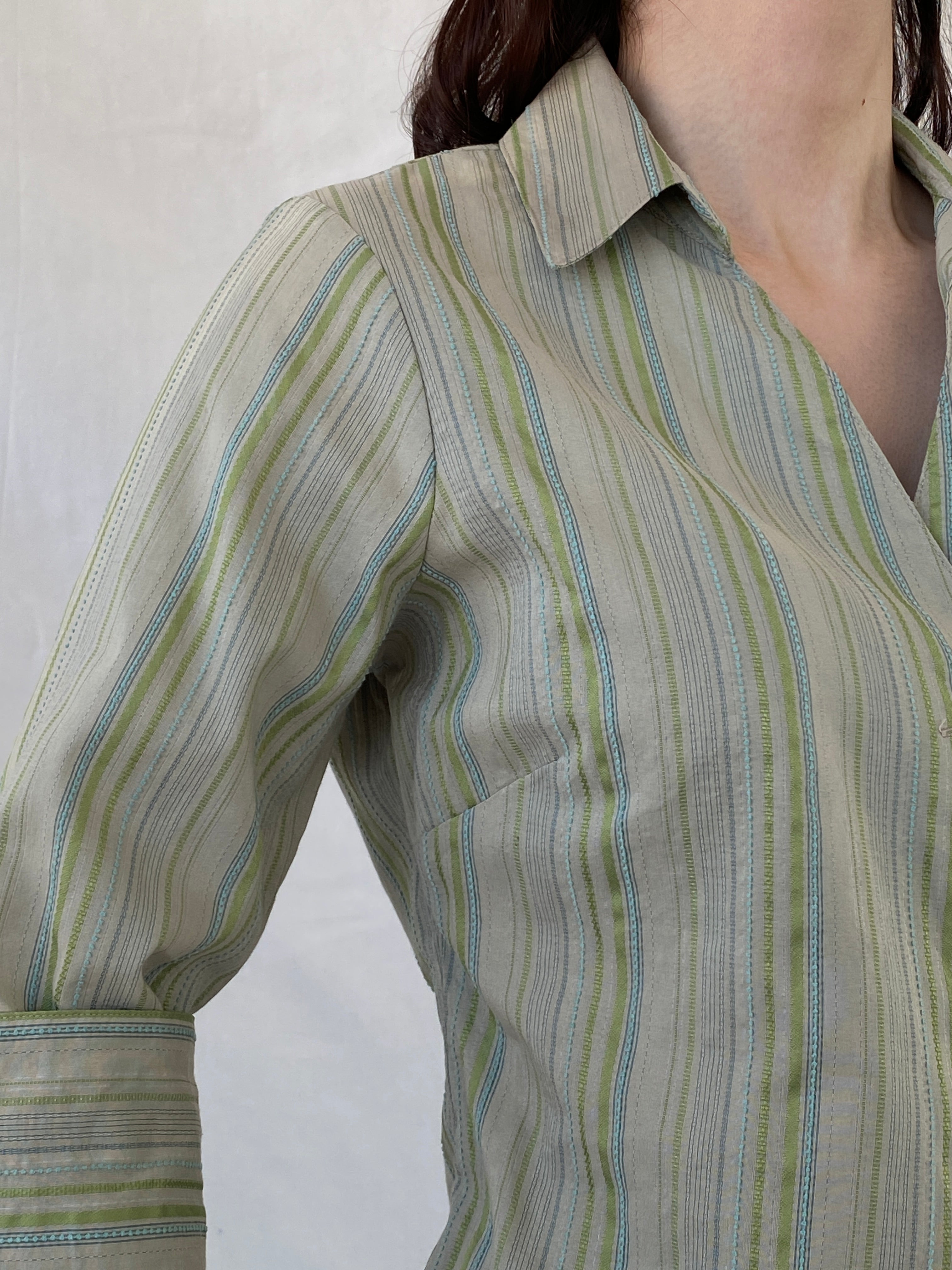 Y2K Kiabi Woman Office Core Green Striped Asymmetric Buttoned Shirt - M - Balagan Vintage Full Sleeve Shirt 00s, Ayah, cotton shirt, full sleeve shirt, NEW IN, Office core, shirt, women shirt