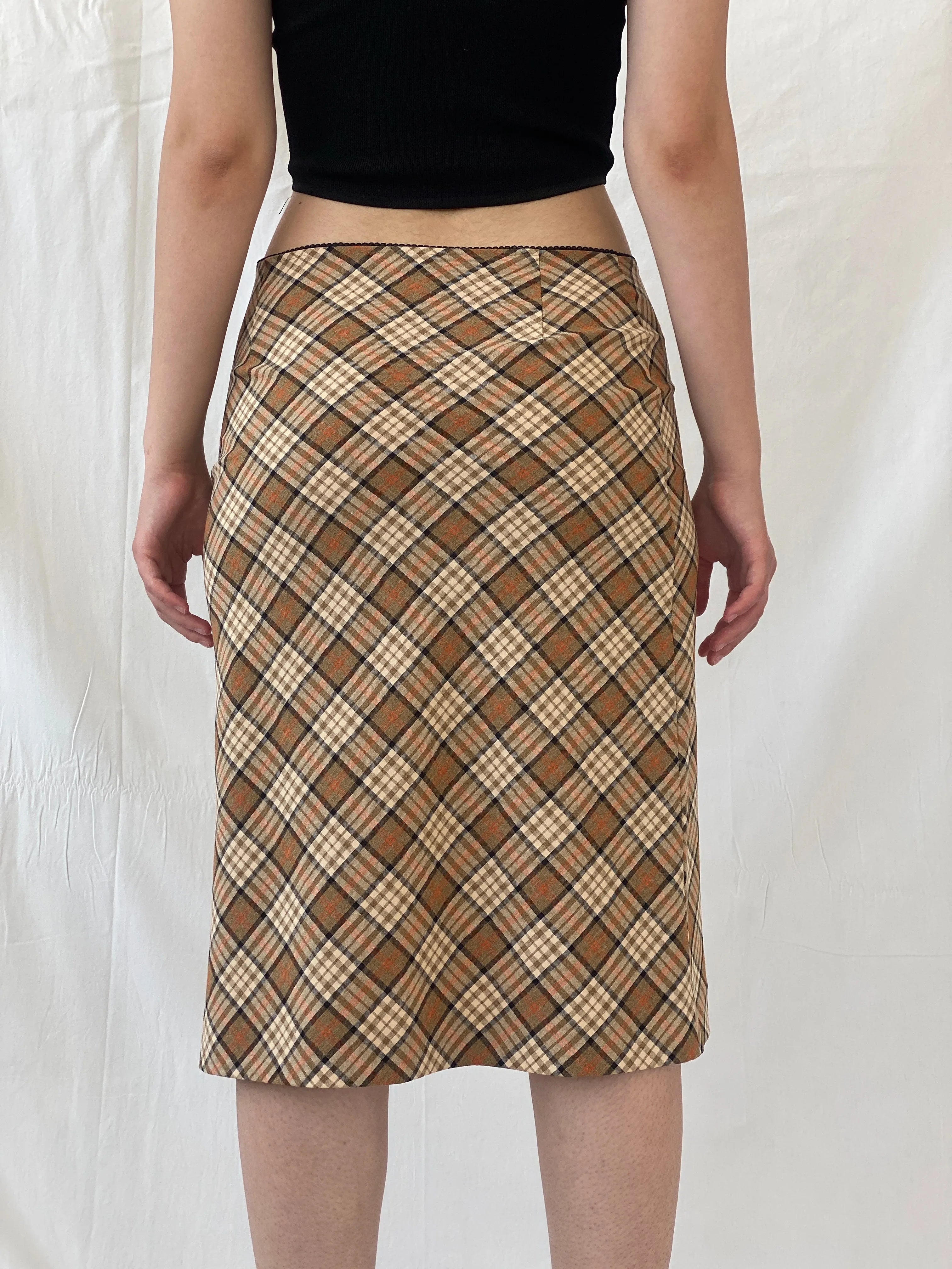 Y2K Kookai Beige Plaid Tartan Check Midi Skirt - M - Balagan Vintage Midi Skirt Ayah, midi skirt, plaid, plaid skirt, striped, winter