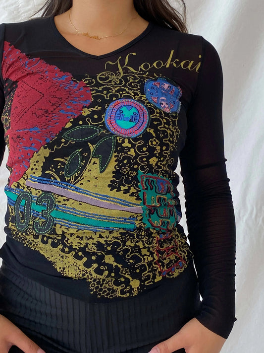 Y2K KOOKAI Grunge Graphic Black Long Sleeve Mesh Top - S - Balagan Vintage Full Sleeve Top 90s, full sleeve top, graphic, graphic top, Lana, women top