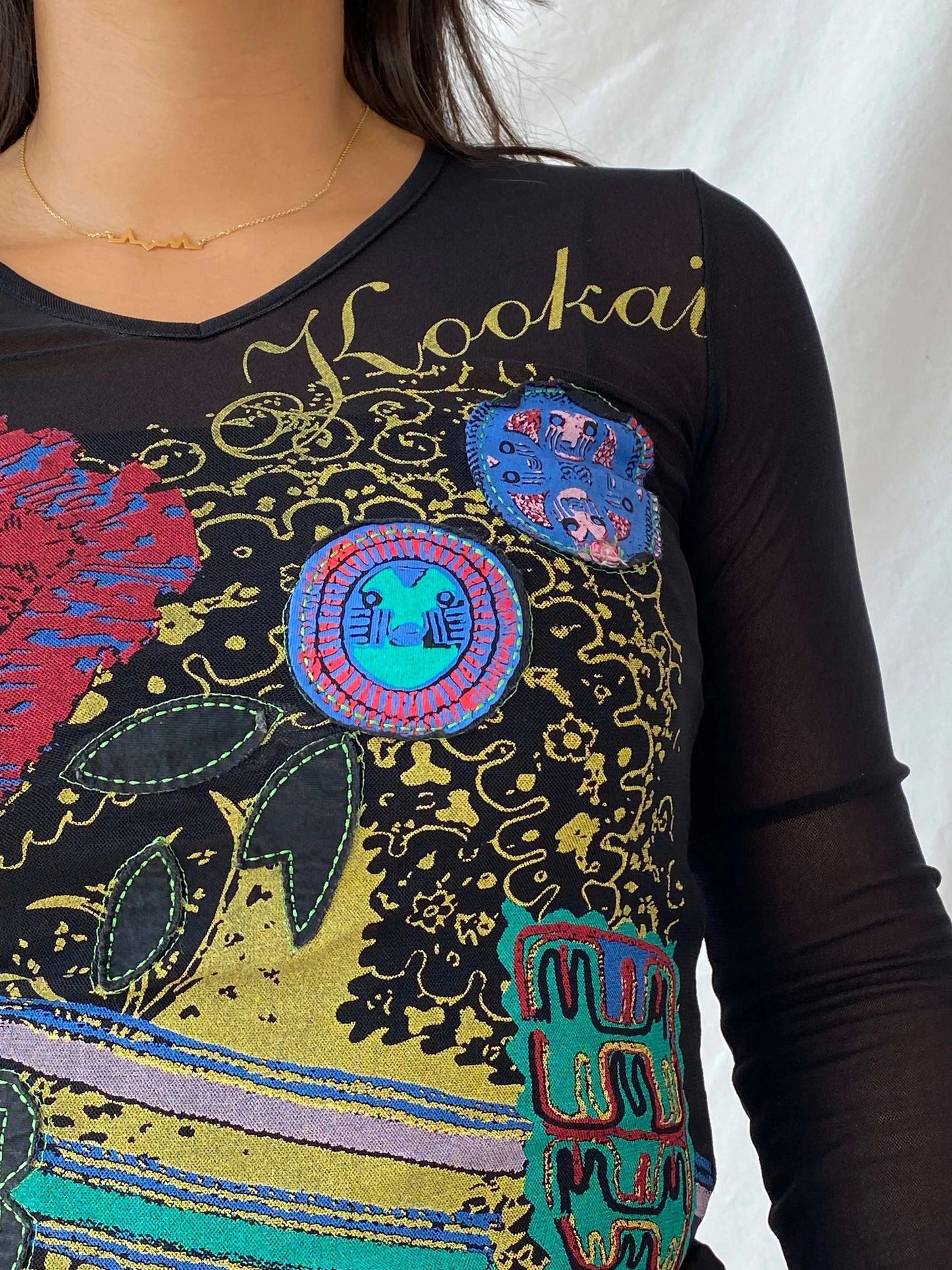 Y2K KOOKAI Grunge Graphic Black Long Sleeve Mesh Top - S - Balagan Vintage Full Sleeve Top 90s, full sleeve top, graphic, graphic top, Lana, women top