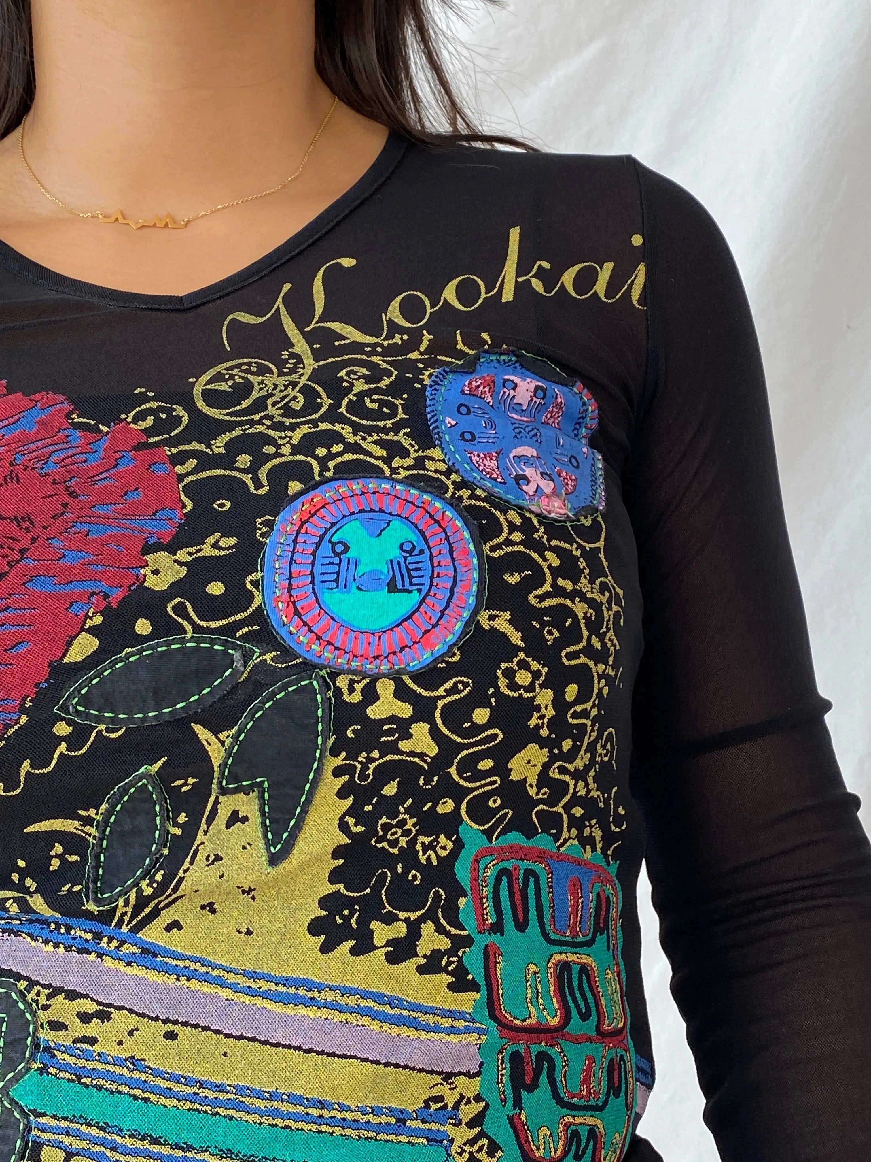 Y2K KOOKAI Grunge Graphic Black Long Sleeve Mesh Top - S - Balagan Vintage Full Sleeve Top 90s, full sleeve top, graphic, graphic top, Lana, women top