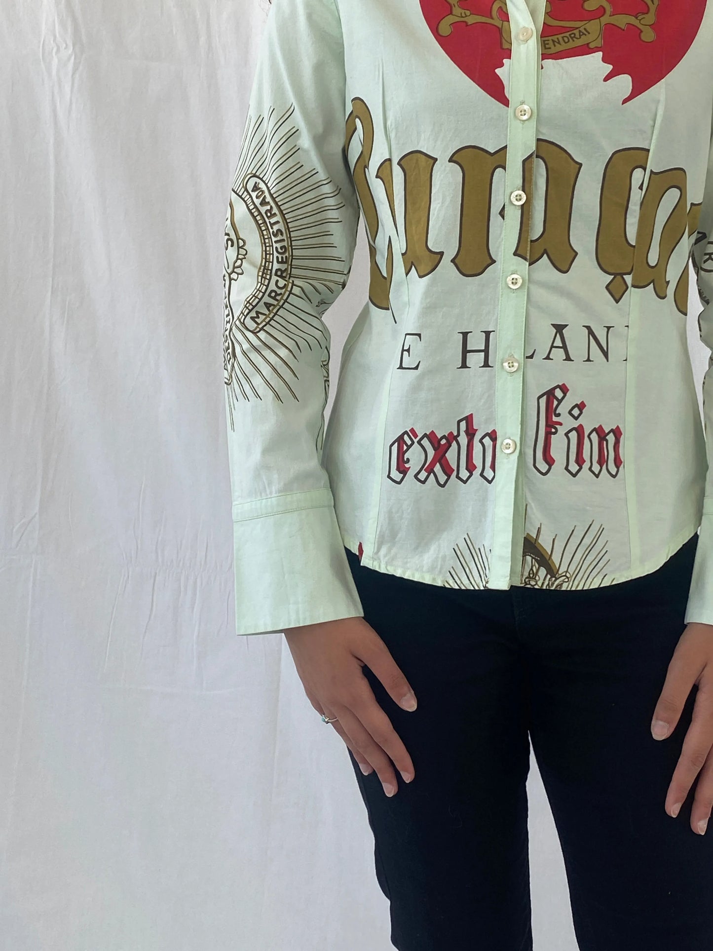 Y2K LAGA Mint Green Women’s Long Sleeve Button Up Graphic Cotton Shirt - M - Balagan Vintage Full Sleeve Shirt 00s, Celine, cotton shirt, graphic, women shirt