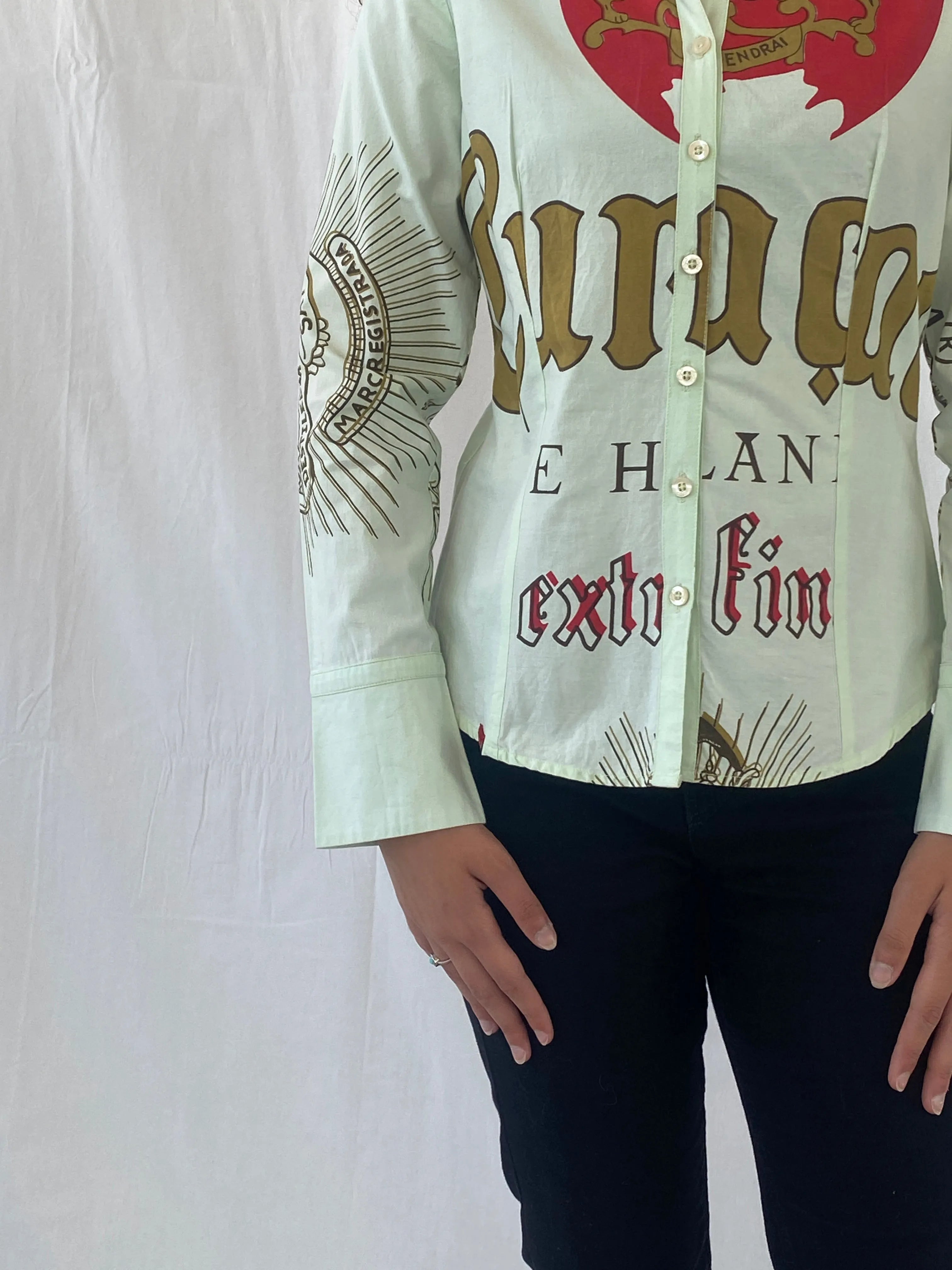 Y2K LAGA Mint Green Women’s Long Sleeve Button Up Graphic Cotton Shirt - M - Balagan Vintage Full Sleeve Shirt 00s, Celine, cotton shirt, graphic, women shirt