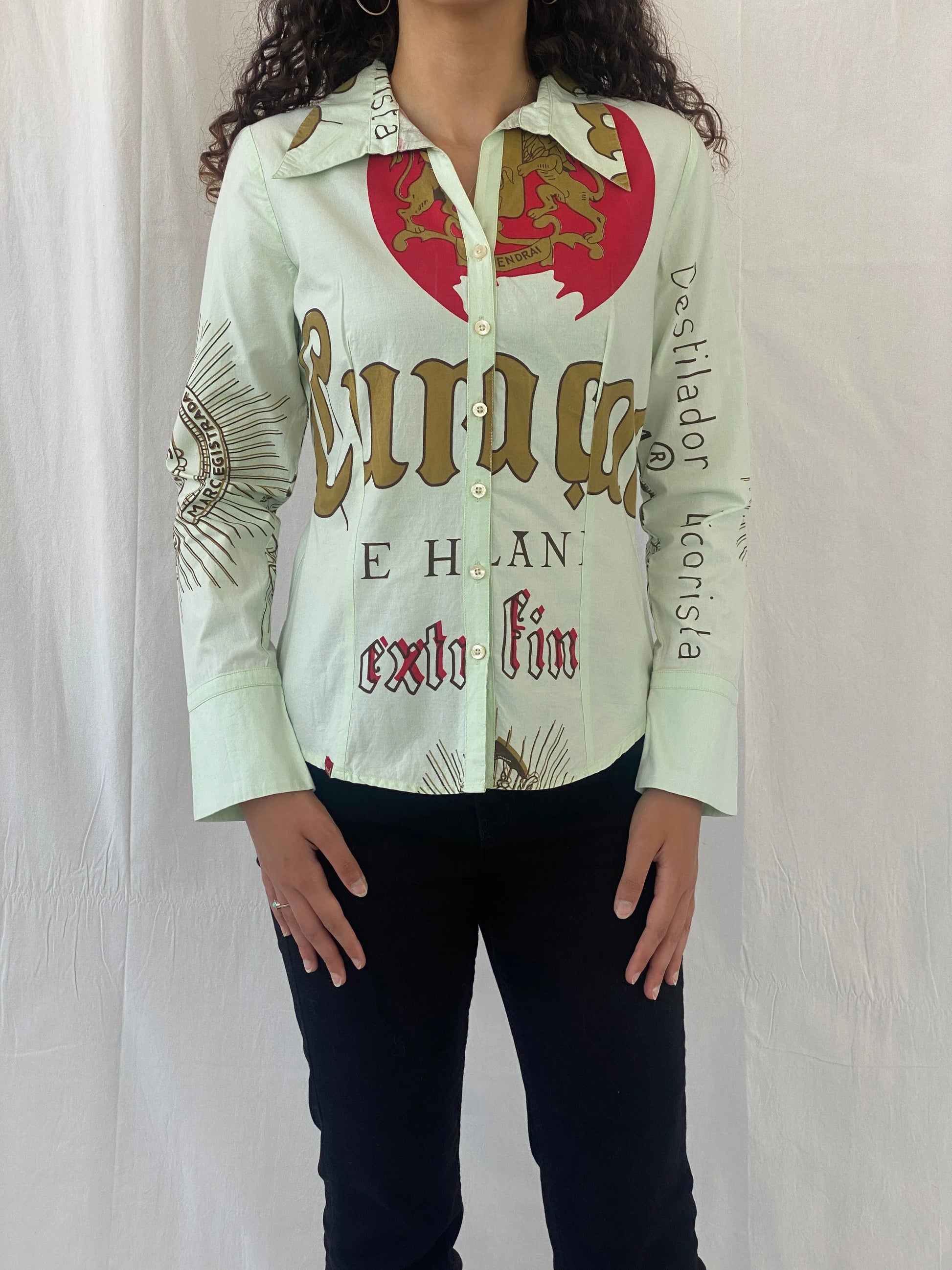 Y2K LAGA Mint Green Women’s Long Sleeve Button Up Graphic Cotton Shirt - M - Balagan Vintage Full Sleeve Shirt 00s, Celine, cotton shirt, graphic, women shirt