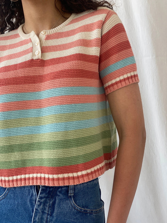 Y2K Liz Claiborne Lizwear Striped Pastel Pink Knitted Cotton Top - S - Balagan Vintage Half Sleeve Top 00s, Celine, consignment, Rand, women top