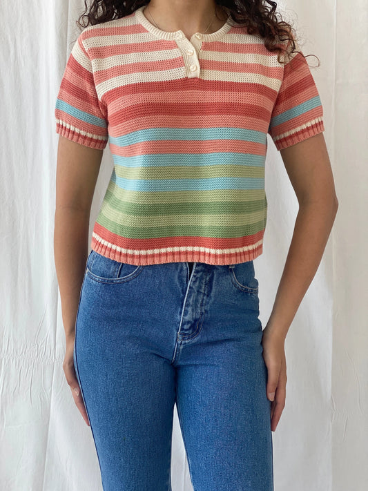 Y2K Liz Claiborne Lizwear Striped Pastel Pink Knitted Cotton Top - S - Balagan Vintage Half Sleeve Top 00s, Celine, consignment, Rand, women top