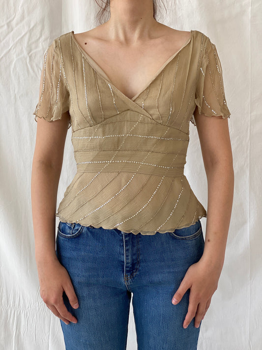 Y2K Massimo Dutti Silk Sequined beaded Half Sleeve Women’s Top - M - Balagan Vintage Half Sleeve Top 00s, Ayah, beaded, silk, summer, women top