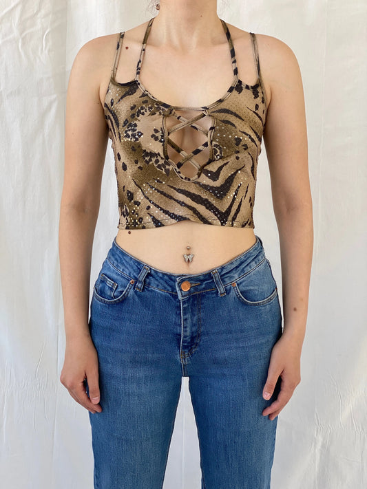 Y2K Mazloum Leopard Crop Cut Out Halter Tie Women’s Top - S - Balagan Vintage Halter Top 00s, Ayah, knit, knitted, women top