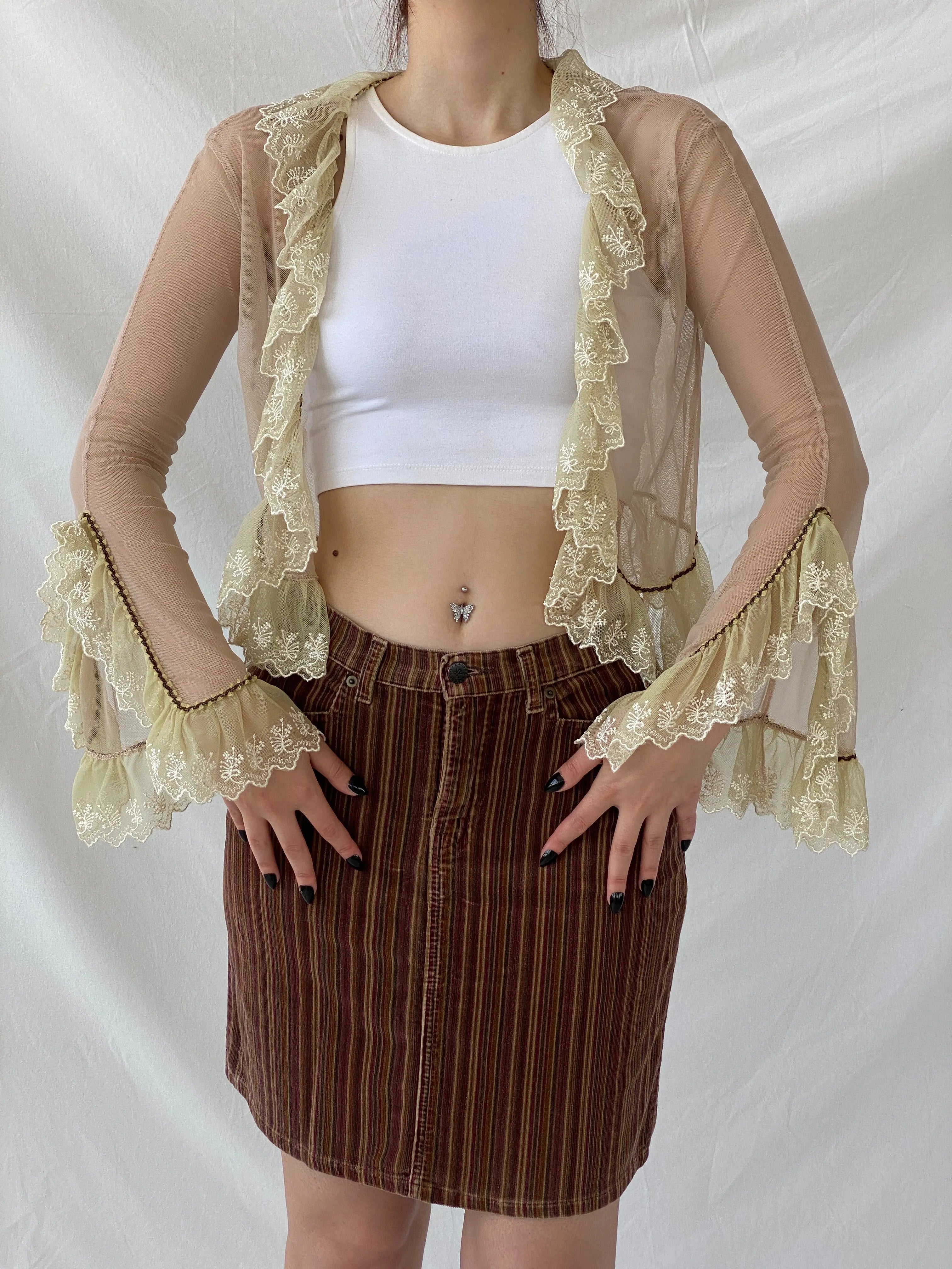 Y2K Mesh Beige Fairy Core Cardigan With Lace Detailing - XS - Balagan Vintage Cardigan 00s, Ayah, cardigan, mesh, women top