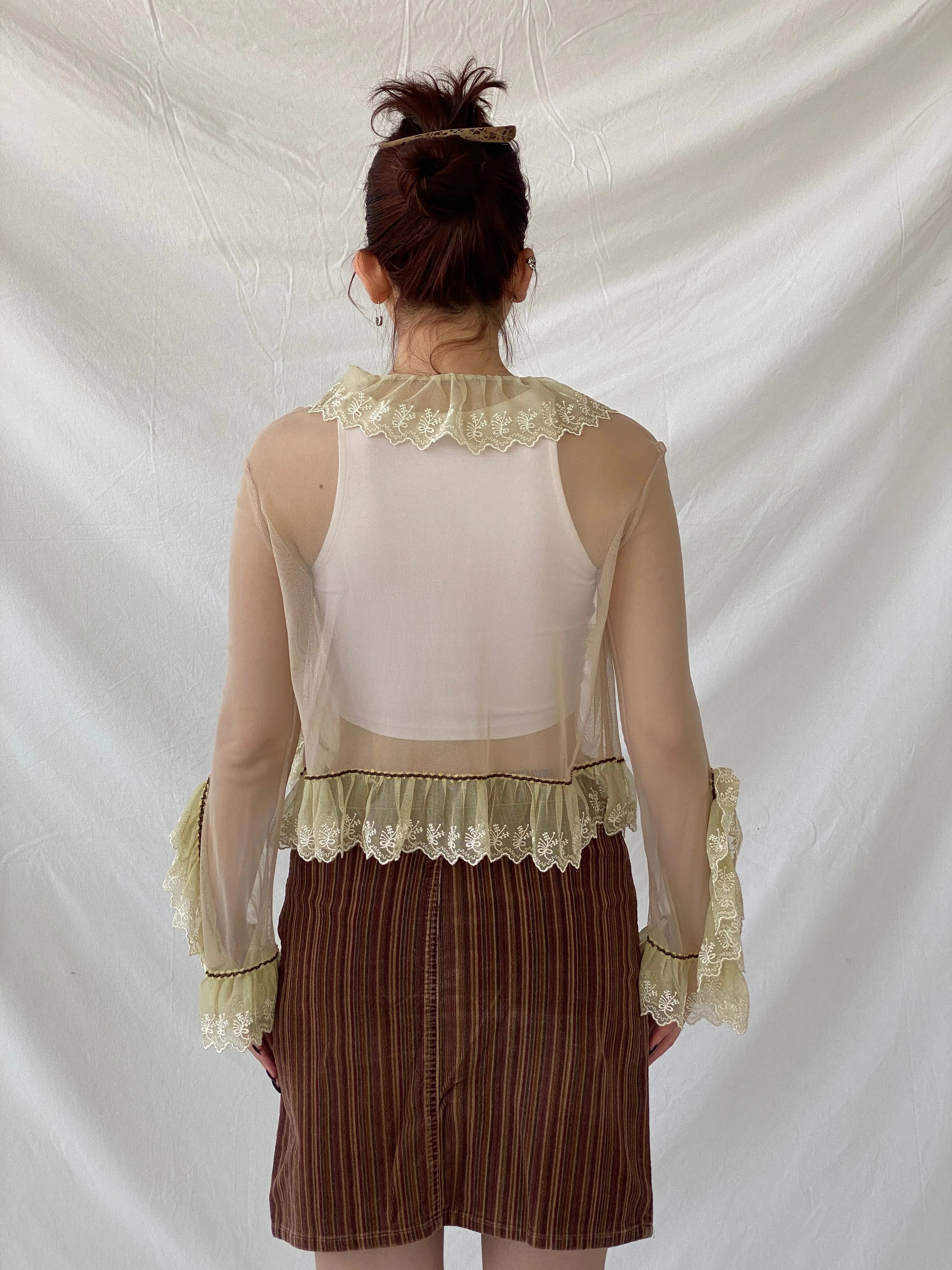Y2K Mesh Beige Fairy Core Cardigan With Lace Detailing - XS - Balagan Vintage Cardigan 00s, Ayah, cardigan, mesh, women top