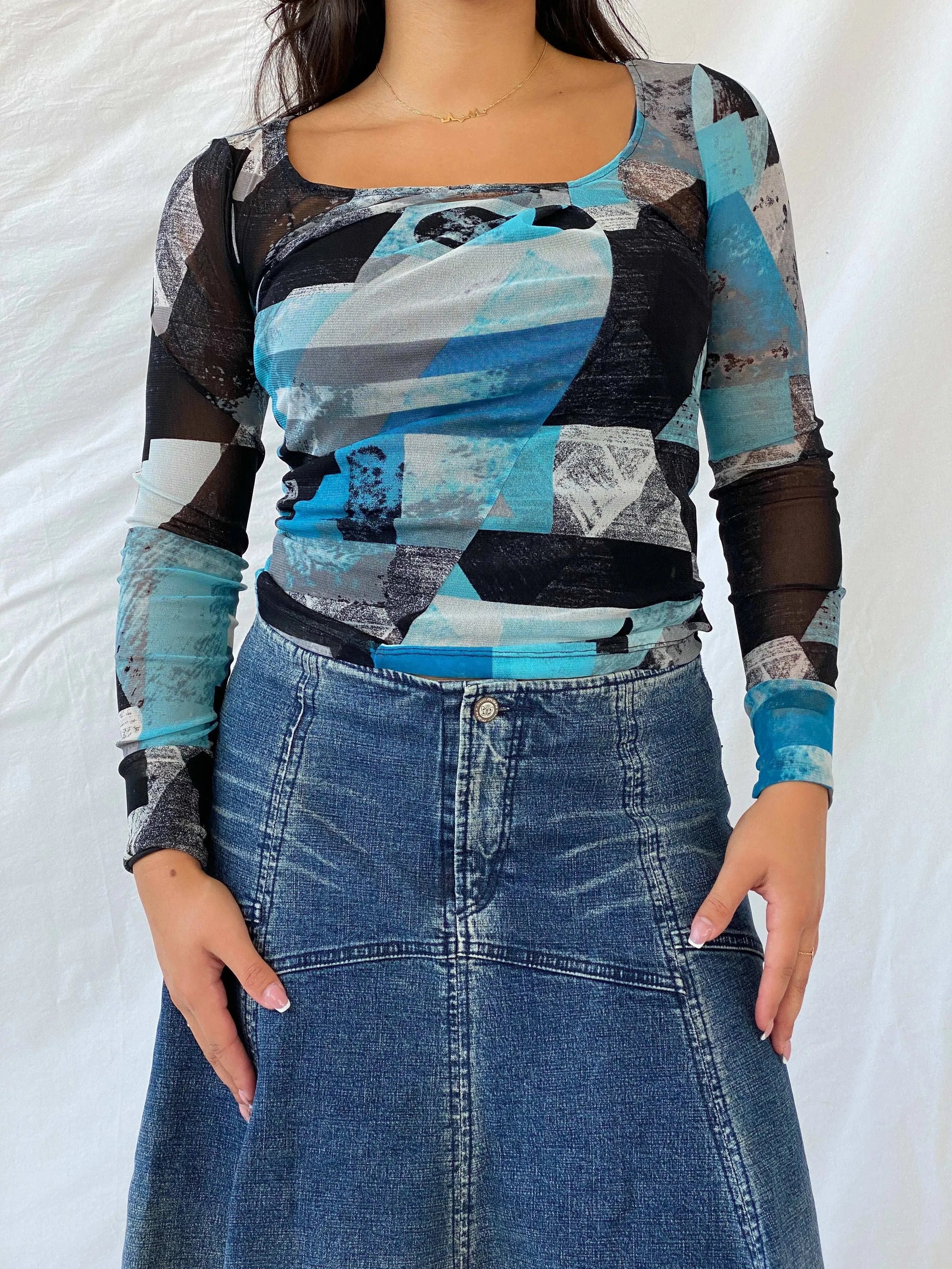 Y2K Mexx Blue and Black Long Sleeve Mesh Top - XS - Balagan Vintage Full Sleeve Top 00s, geometric print, Lana, mesh, mesh top, Y2K