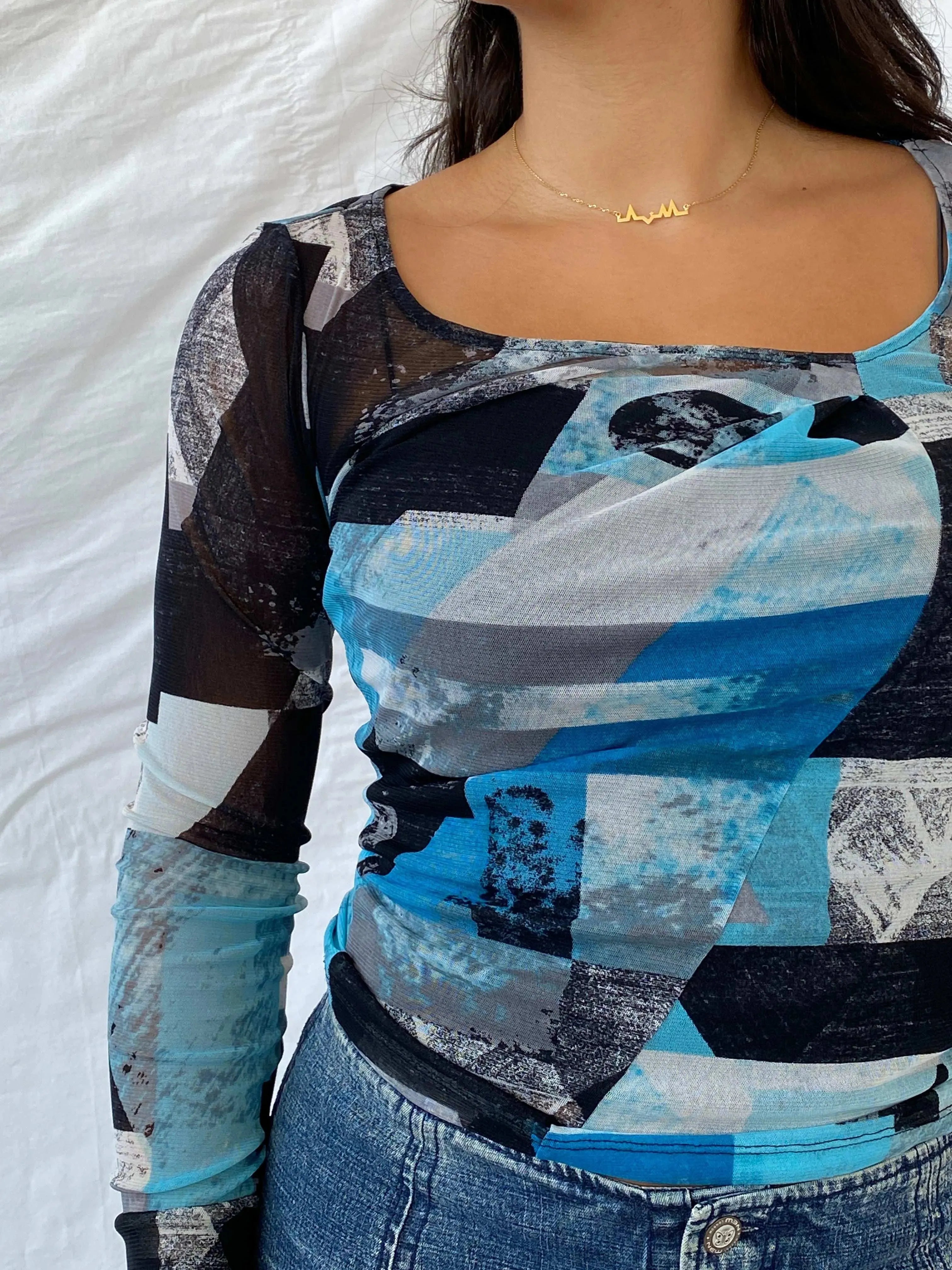 Y2K Mexx Blue and Black Long Sleeve Mesh Top - XS - Balagan Vintage Full Sleeve Top 00s, geometric print, Lana, mesh, mesh top, Y2K