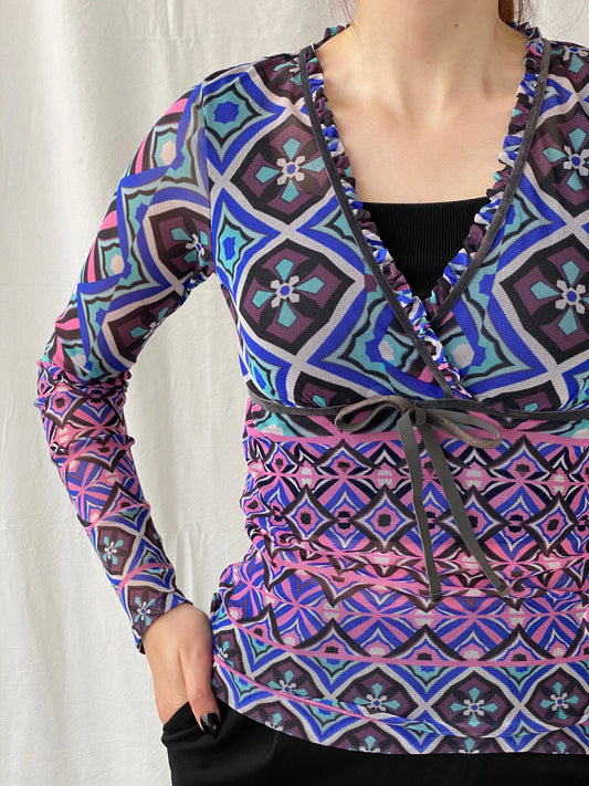 Y2K Mexx Psychedelic Mesh Full Sleeve Women’s Top - S - Balagan Vintage Full Sleeve Top 00s, Ayah, mesh top, Top, women top