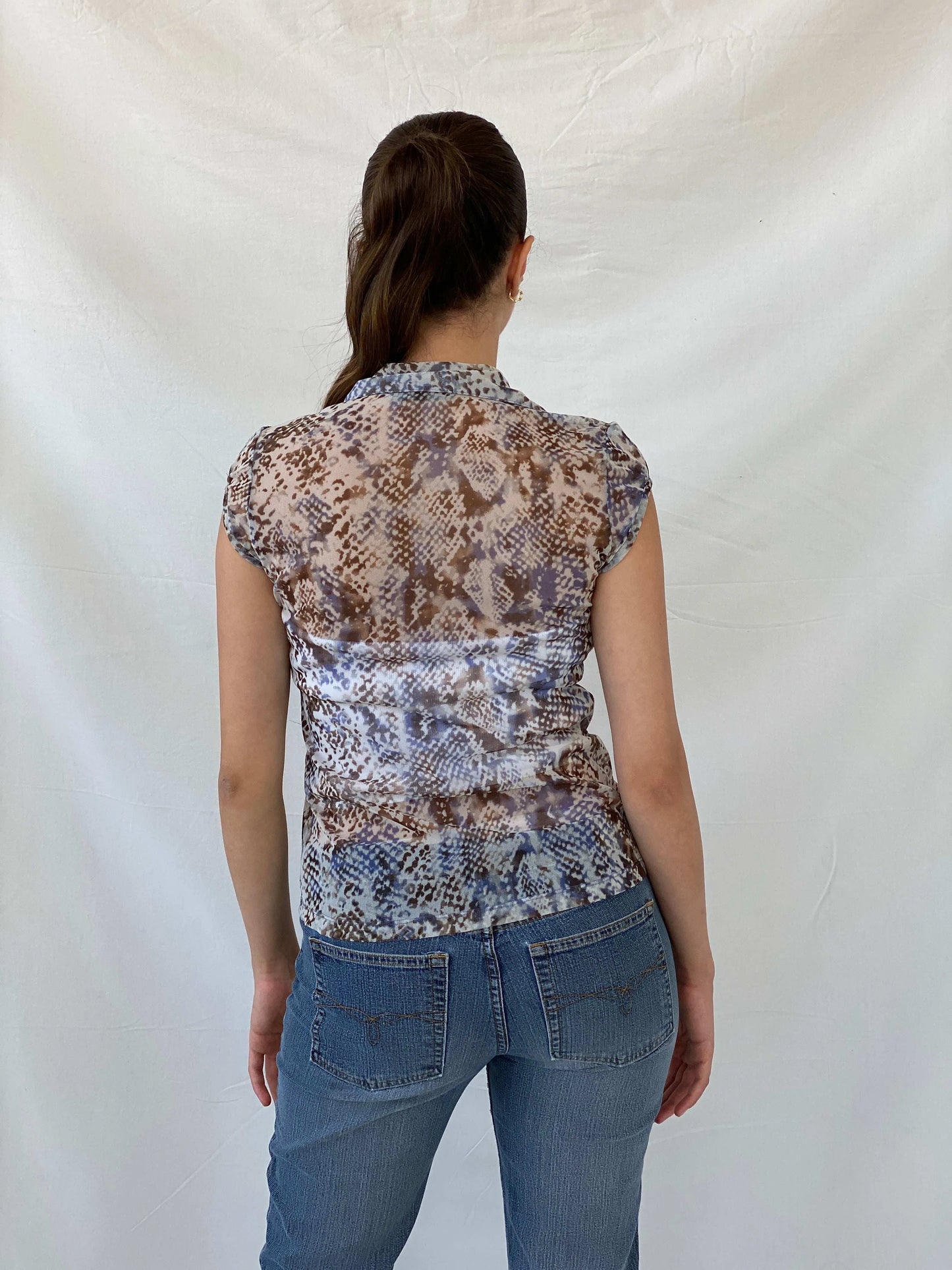Y2K Mexx Sheer Animal Print Short Sleeve Women’s Button Up Shirt - S - Balagan Vintage Half Sleeve Shirt 00s, 90s, animal print, Deals, Mira, roberto cavalli, sheer, winter