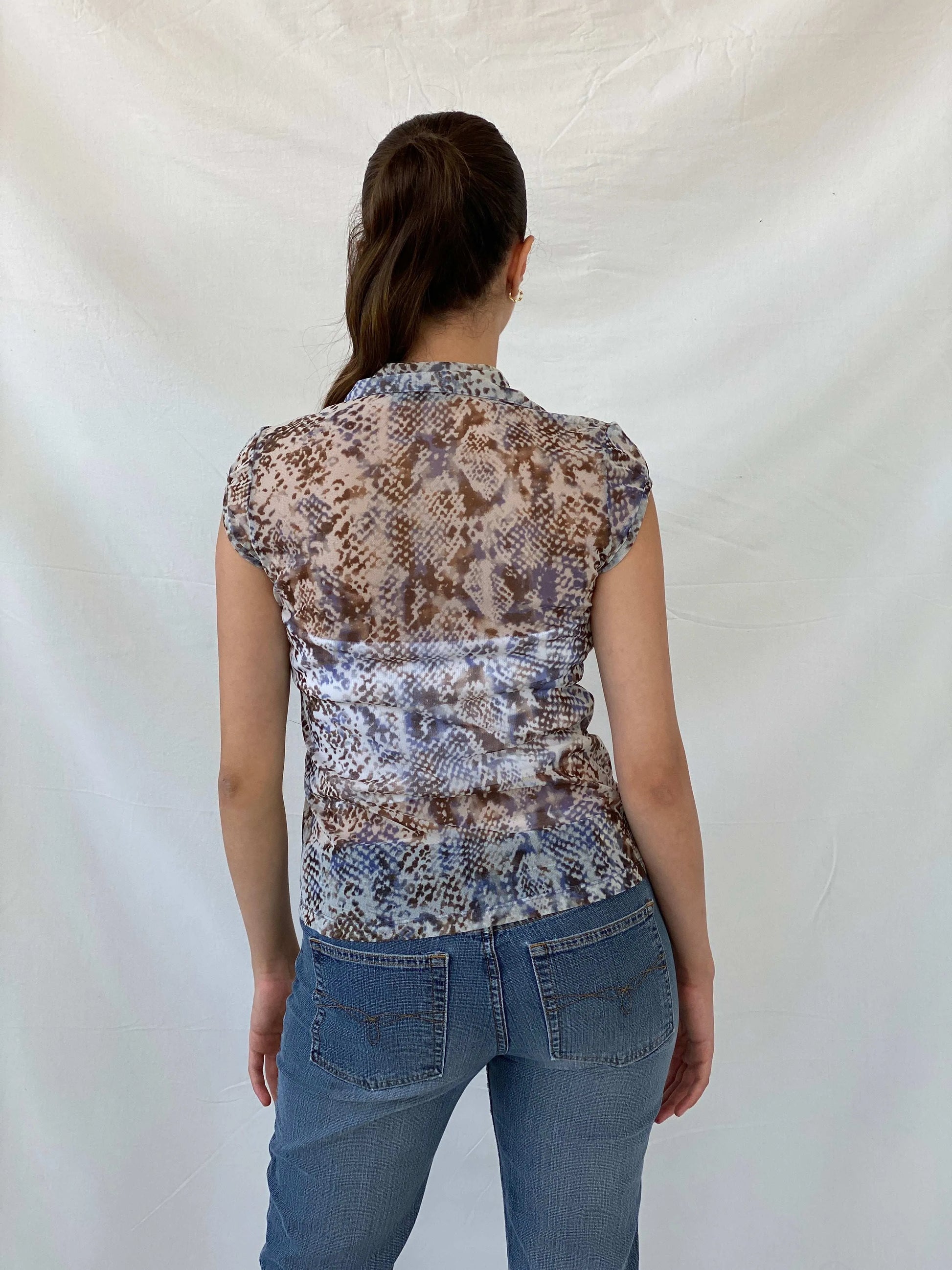 Y2K Mexx Sheer Animal Print Short Sleeve Women’s Button Up Shirt - S - Balagan Vintage Half Sleeve Shirt 00s, 90s, animal print, Deals, Mira, roberto cavalli, sheer, winter
