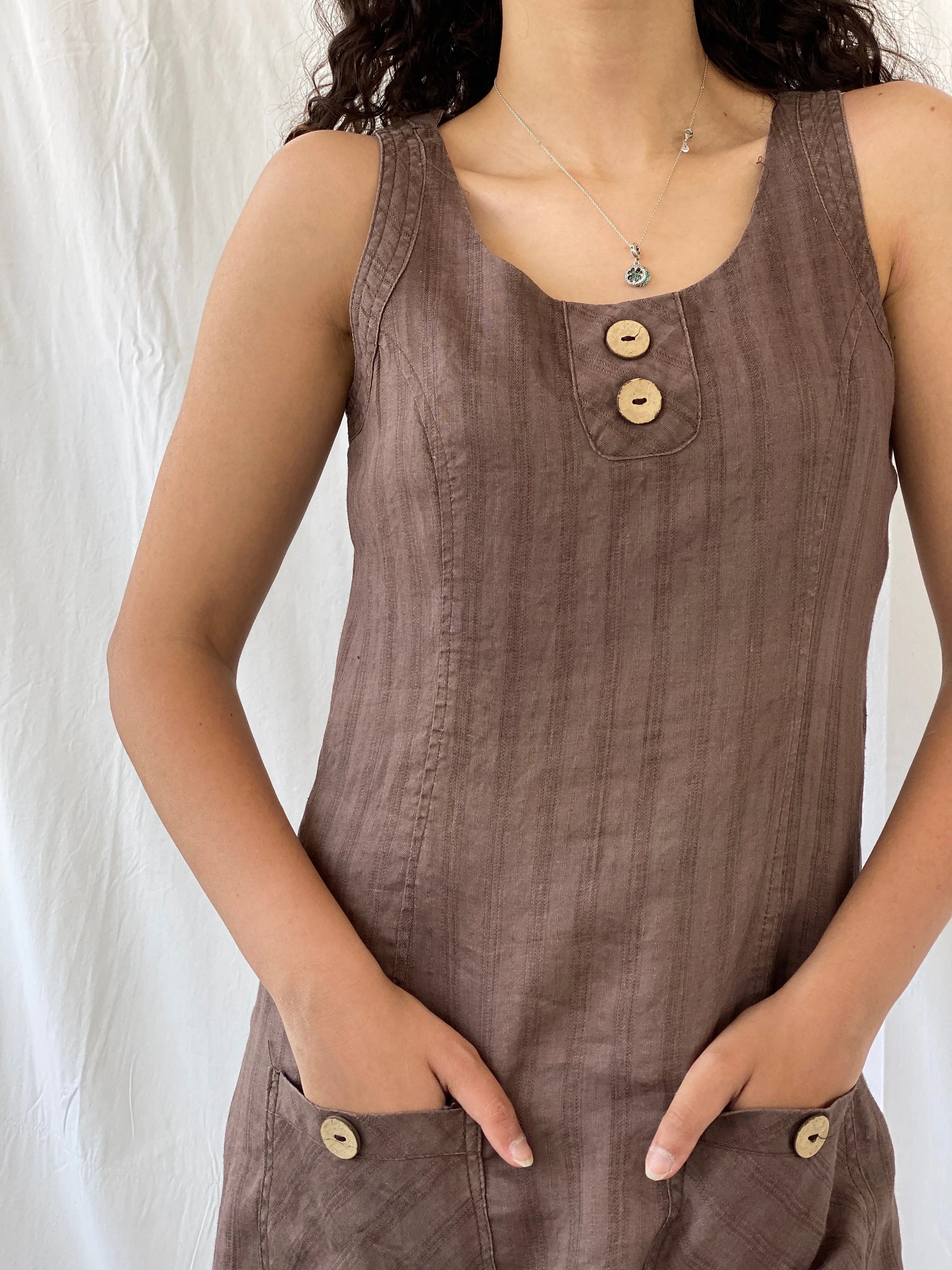 Y2K Mia Collection Solid Brown Sleeveless Linen Blend Midi Dress - M - Balagan Vintage Midi Dress 00s dress, Celine, consignment, dress, midi dress, Tojan, Y2K dress