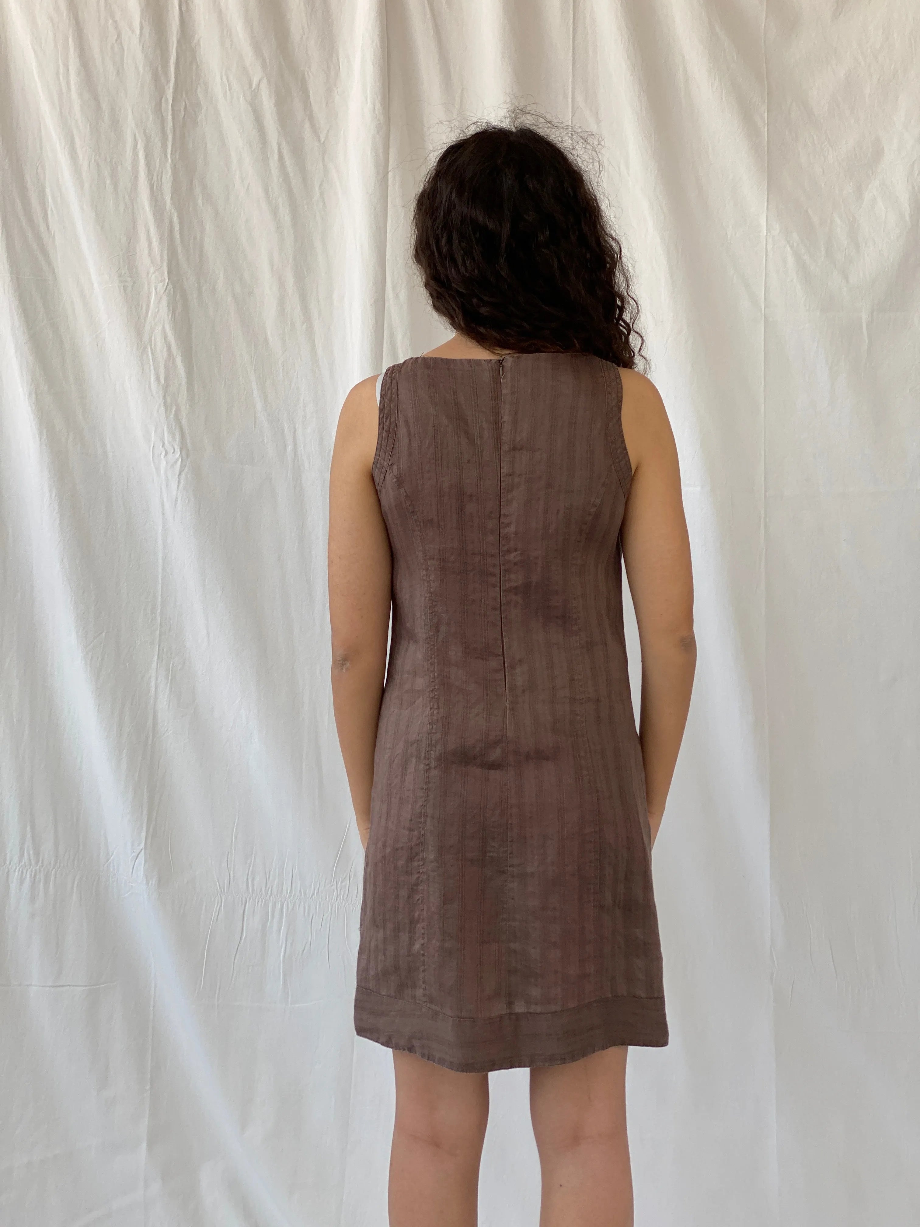 Y2K Mia Collection Solid Brown Sleeveless Linen Blend Midi Dress - M - Balagan Vintage Midi Dress 00s dress, Celine, consignment, dress, midi dress, Tojan, Y2K dress