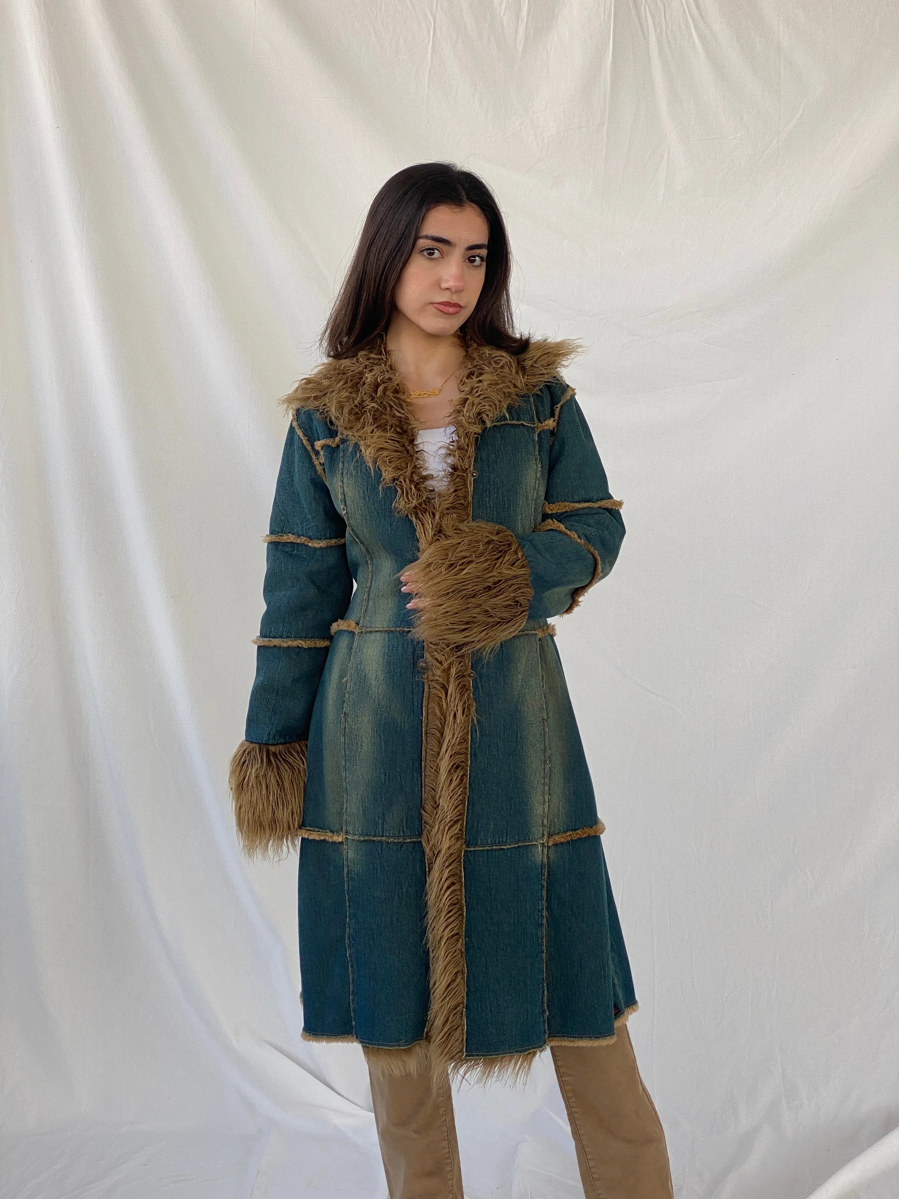 Y2K Miss Posh by Victoria Beckham Denim Penny Lane Afghan Style Fur-Lined Padded Coat - M - Balagan Vintage Coat Christine, coat, denim, rare find, rare vintage, vintage coat, winter